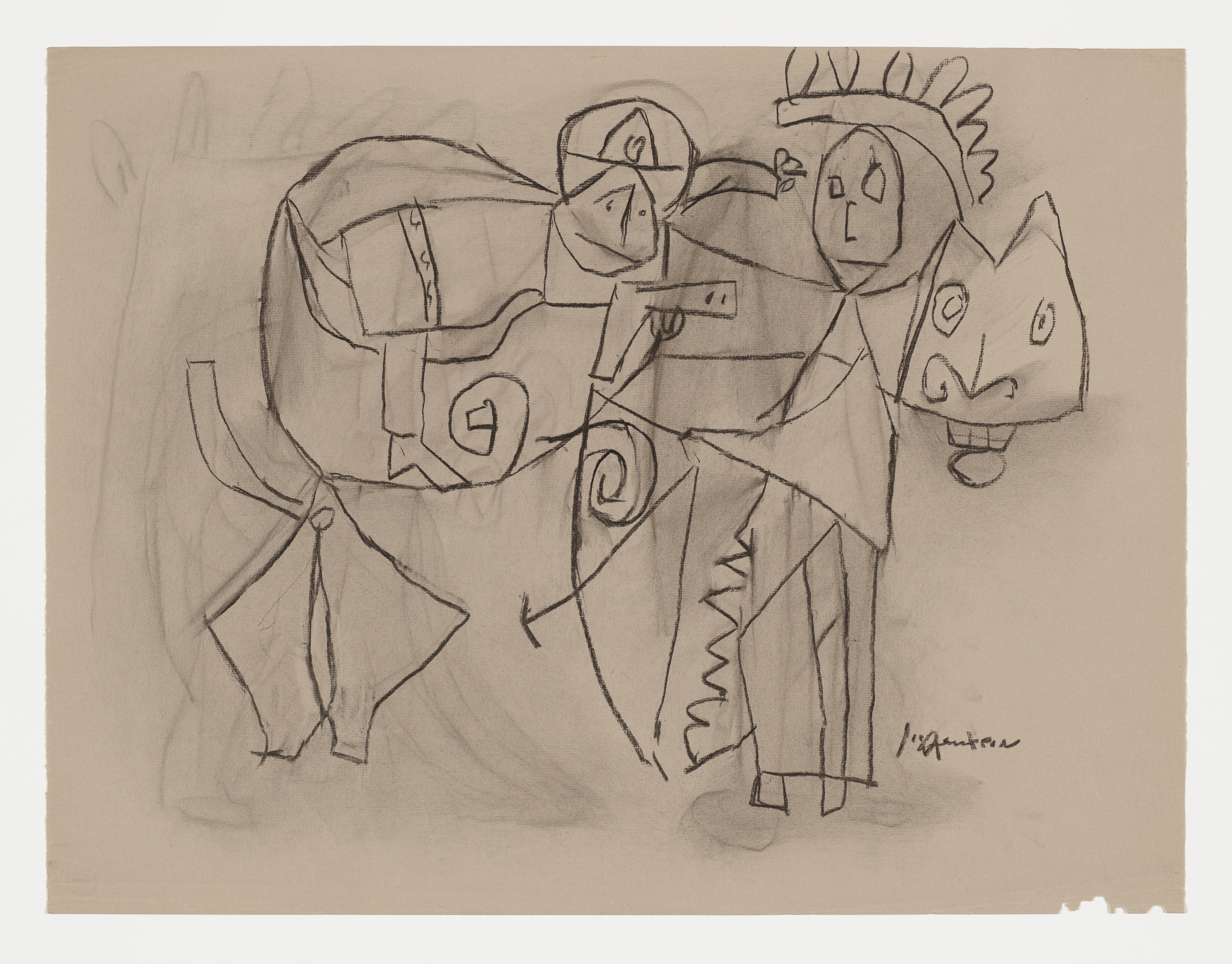 Sketch of abstract figures with prominent eyes and geometric shapes, possibly representing a bullfight scene. Artist's signature in the corner.