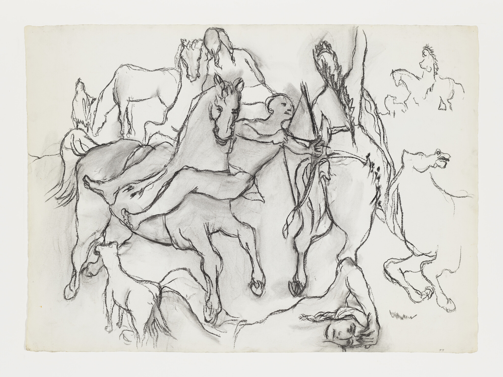 Charcoal sketch showing several horses and riders in motion with a fallen person at the bottom.