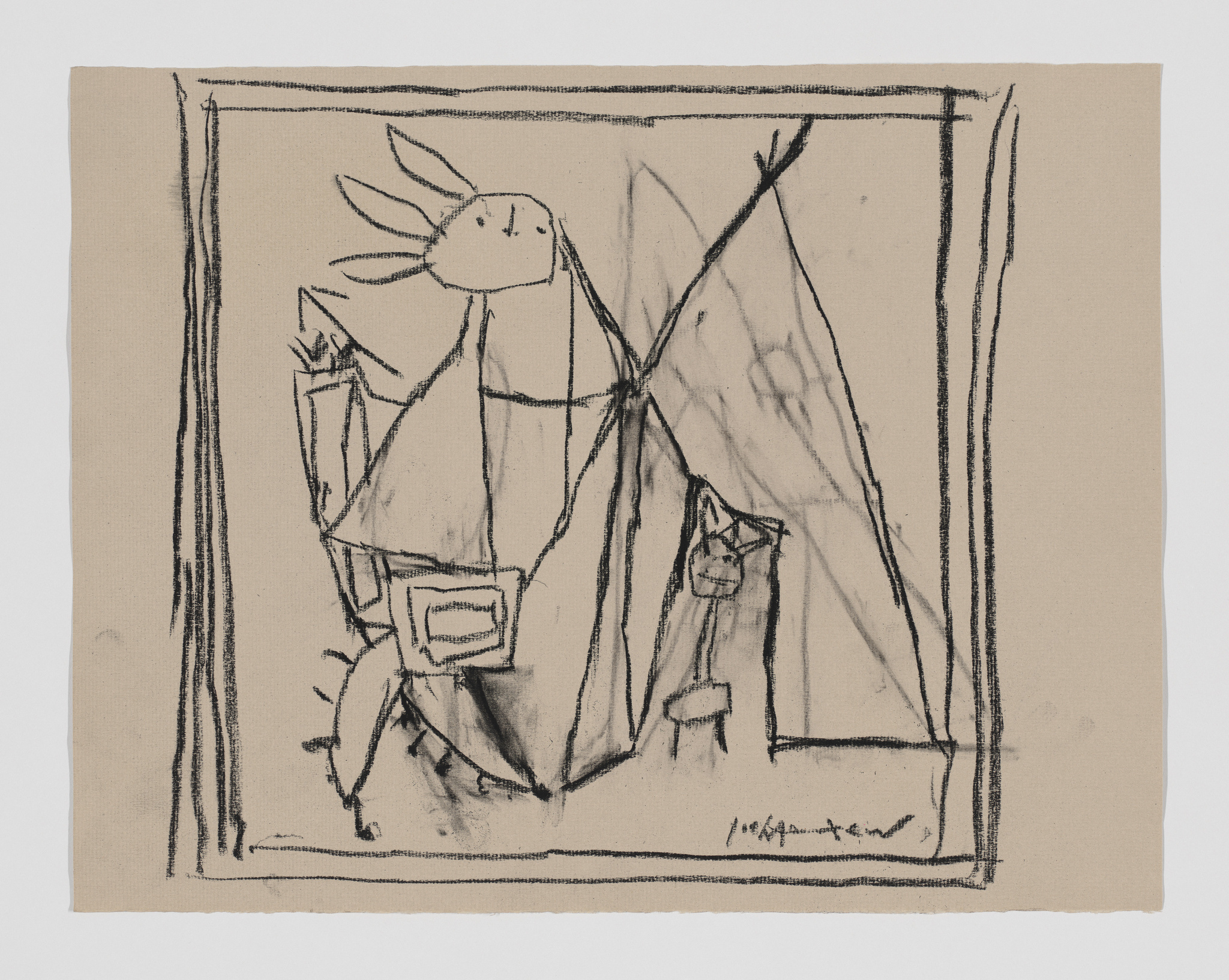 Sketch of a whimsical creature with a bird-like head and human-like body, framed within rough lines on beige paper.