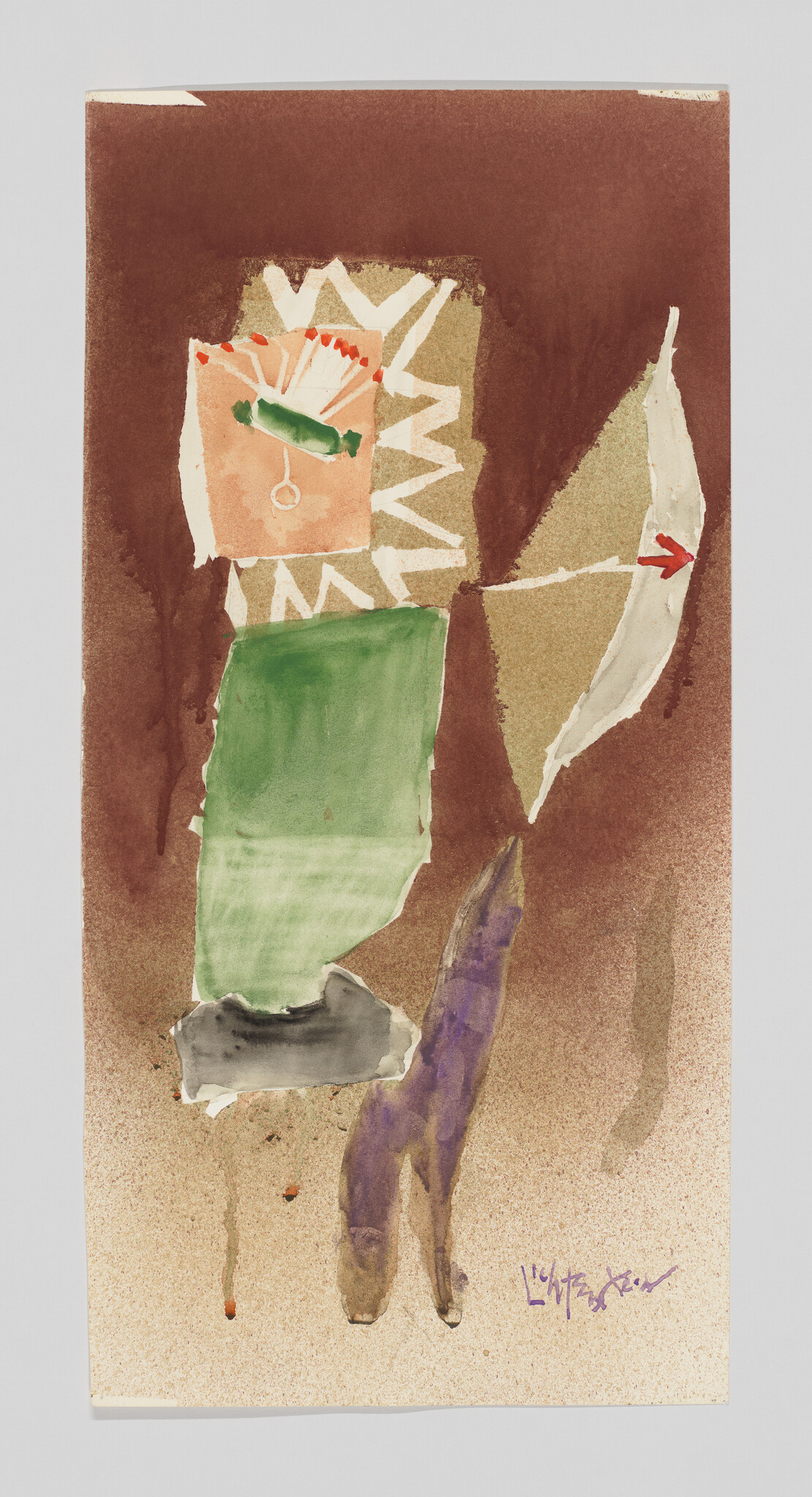 Abstract composition with stacked colored shapes including a green rectangle, peach square, and white arrow.