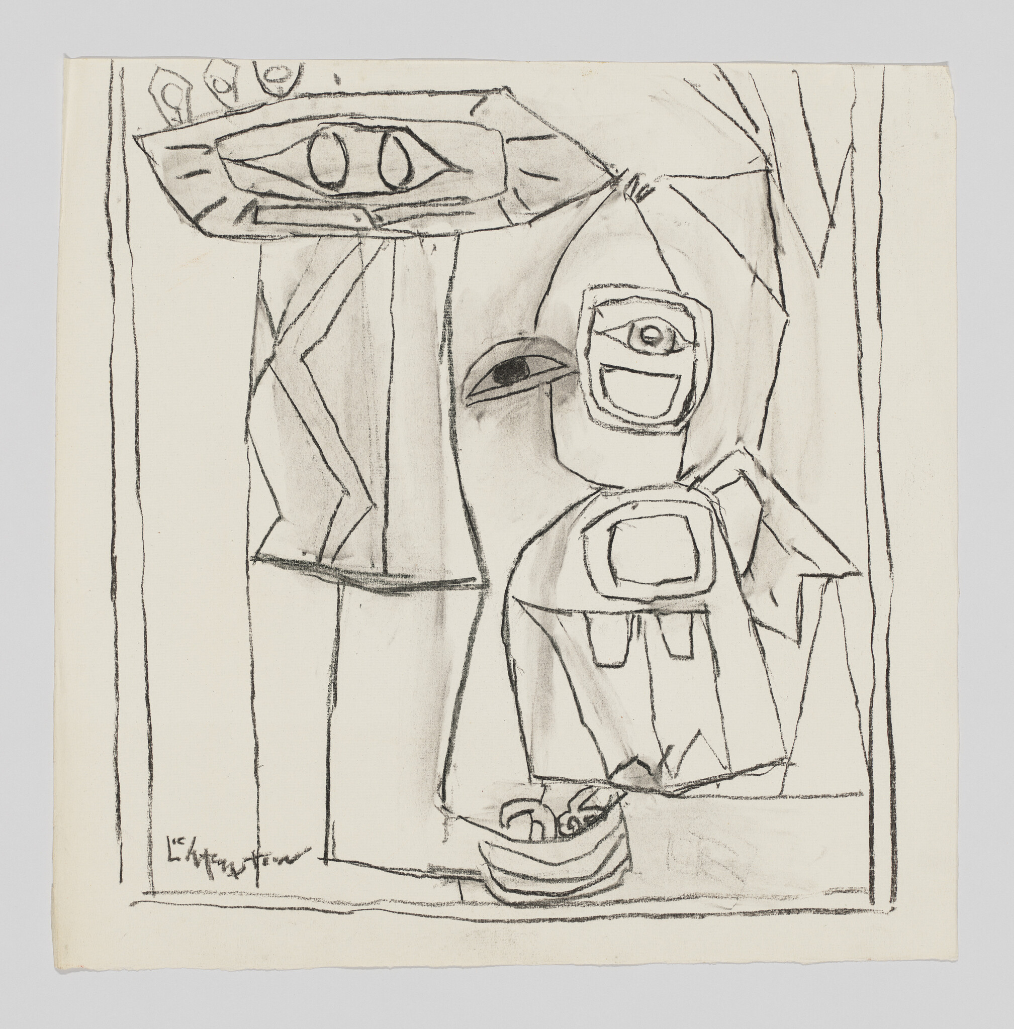 Abstract charcoal sketch of two geometric figures with stylized eyes, boxes, and a small bowl.