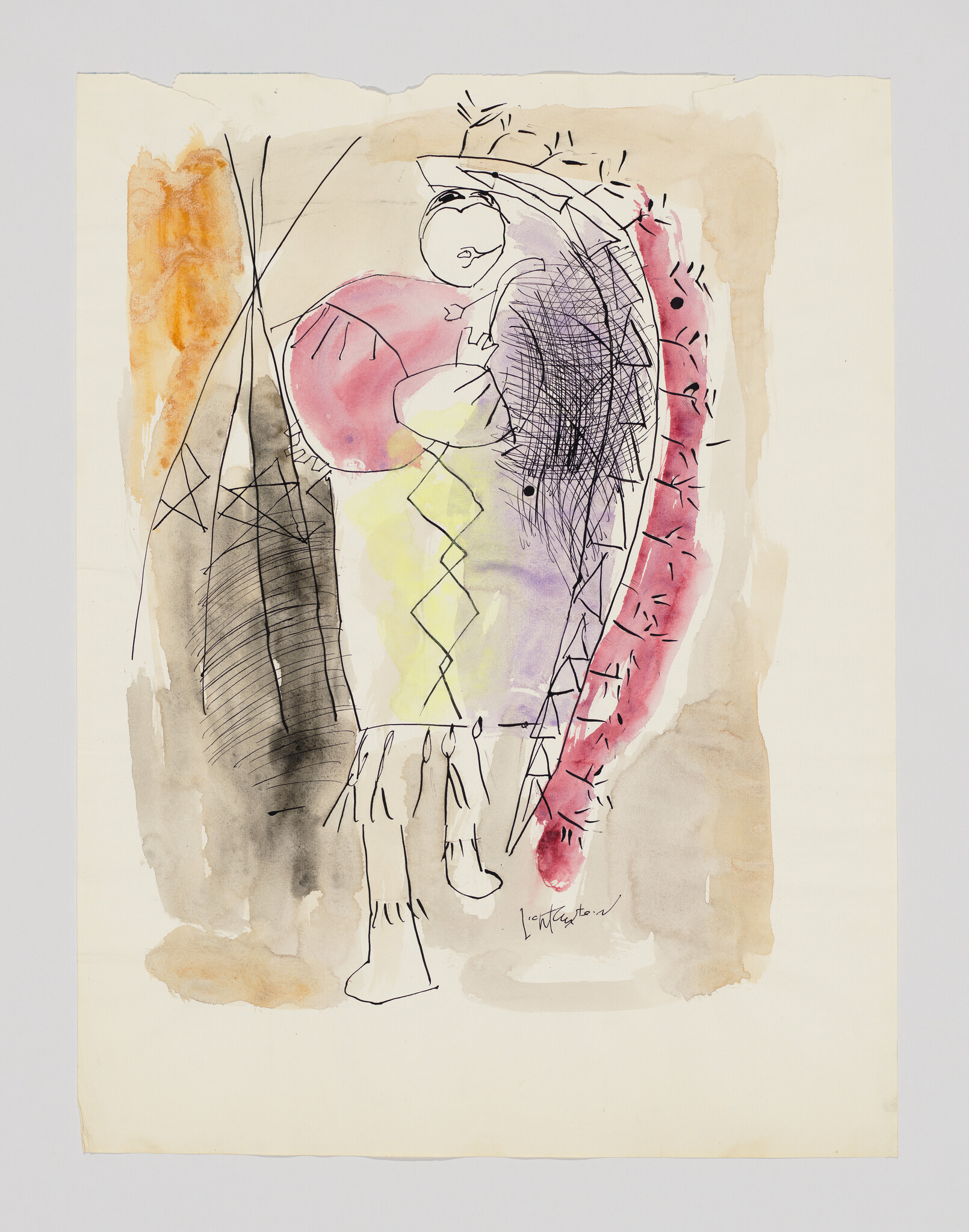 A stylized figure wearing a colorful harlequin costume and tall hat, outlined in ink and watercolor.