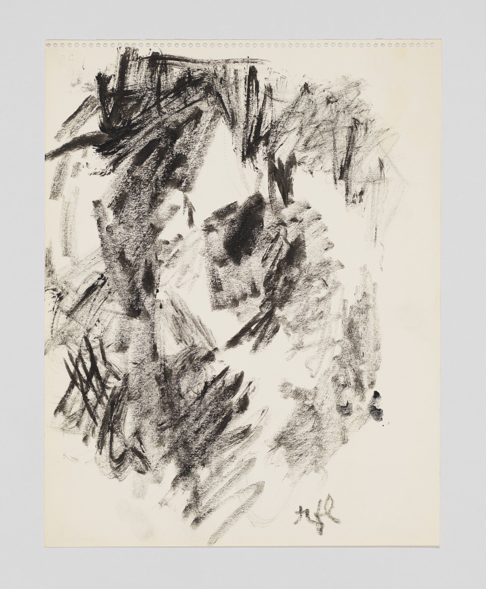 Abstract charcoal sketch with bold dark strokes and smudges across white paper.