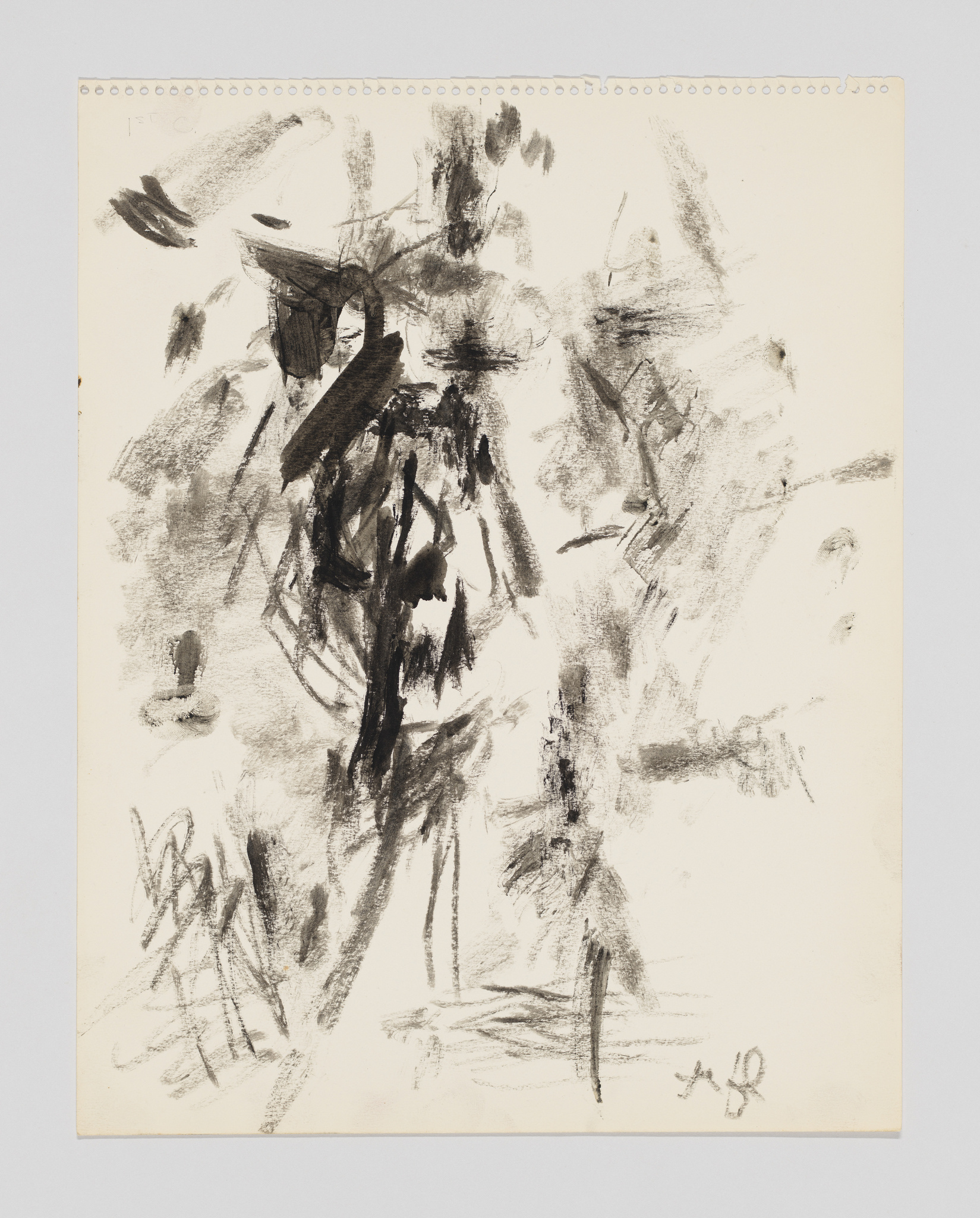 Abstract charcoal sketch with dynamic strokes and smudges on a perforated paper.