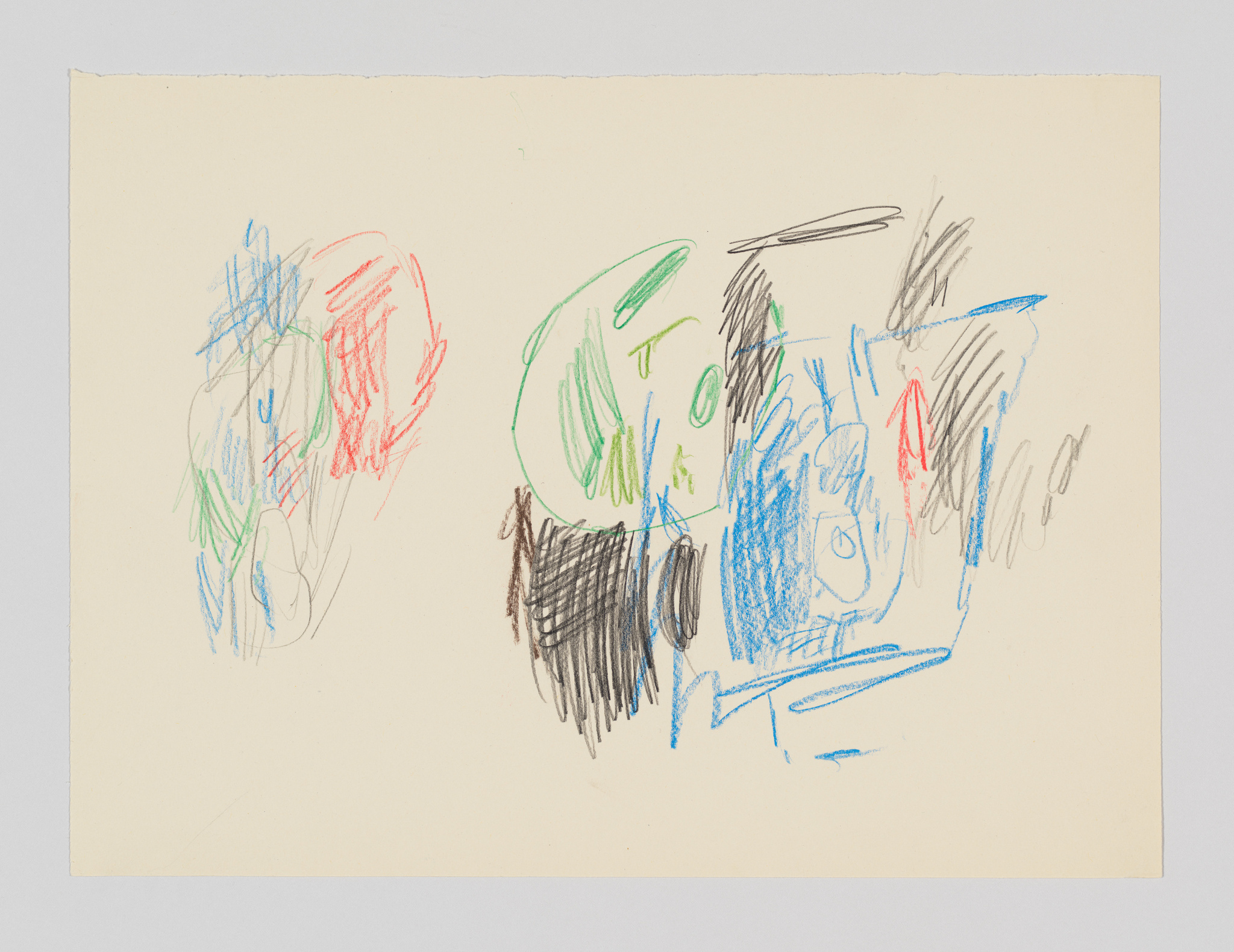 Child's colorful crayon scribbles on a yellowish paper.