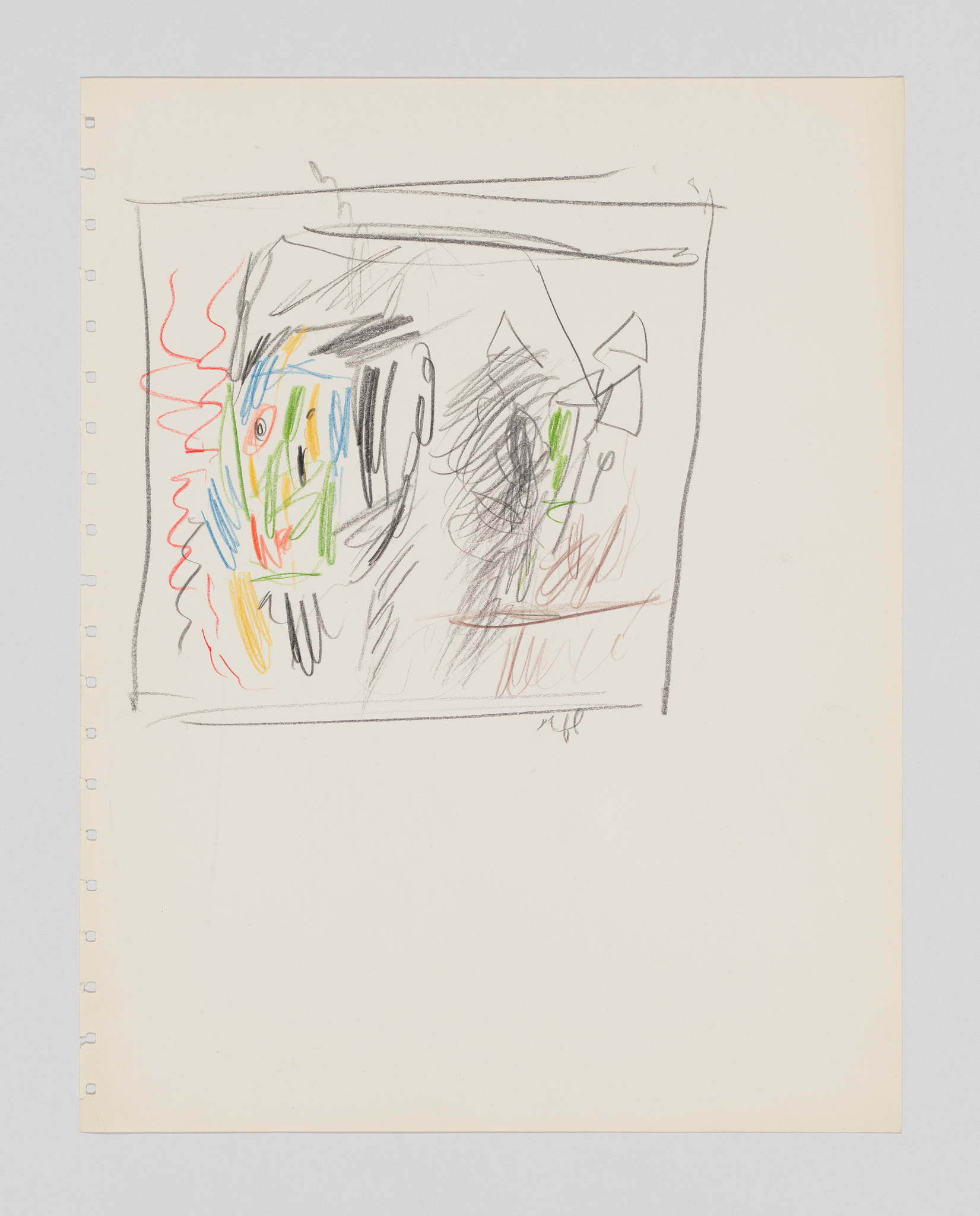 Abstract sketch with colorful scribbles and lines on a sheet of paper with perforations on the left edge.