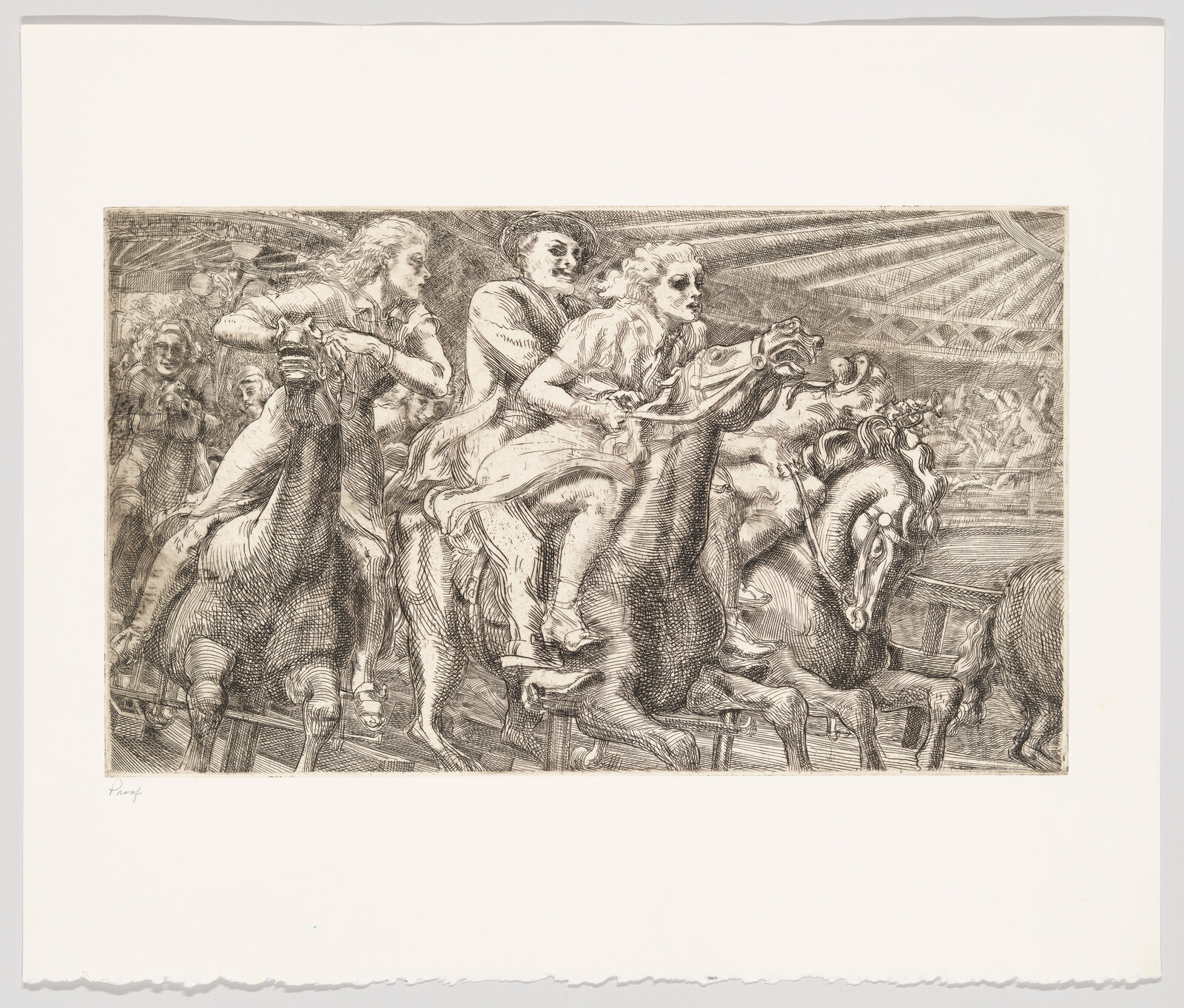 Three riders leaning forward on carousel horses as they race around a crowded fairground.