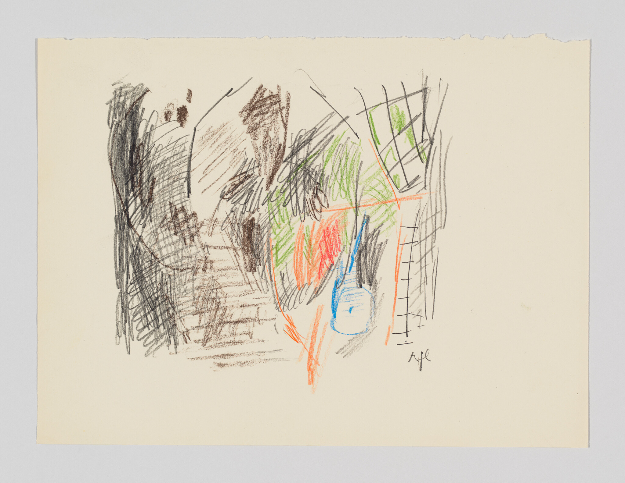 Abstract colored-pencil sketch with overlapping brown, green, orange, and blue scribbles suggesting a fragmented scene.