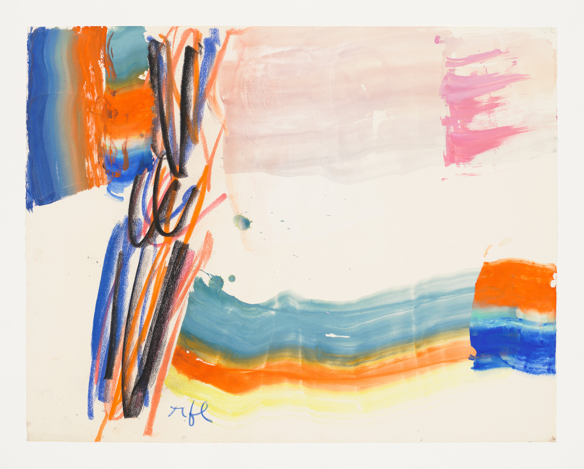 Abstract painting with bold vertical black and orange strokes and a sweeping blue-orange horizontal band.
