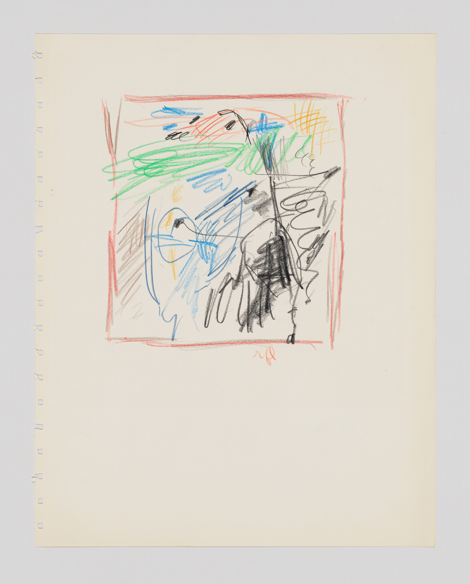 Abstract colorful crayon sketch of energetic scribbles and shapes framed by a red border.