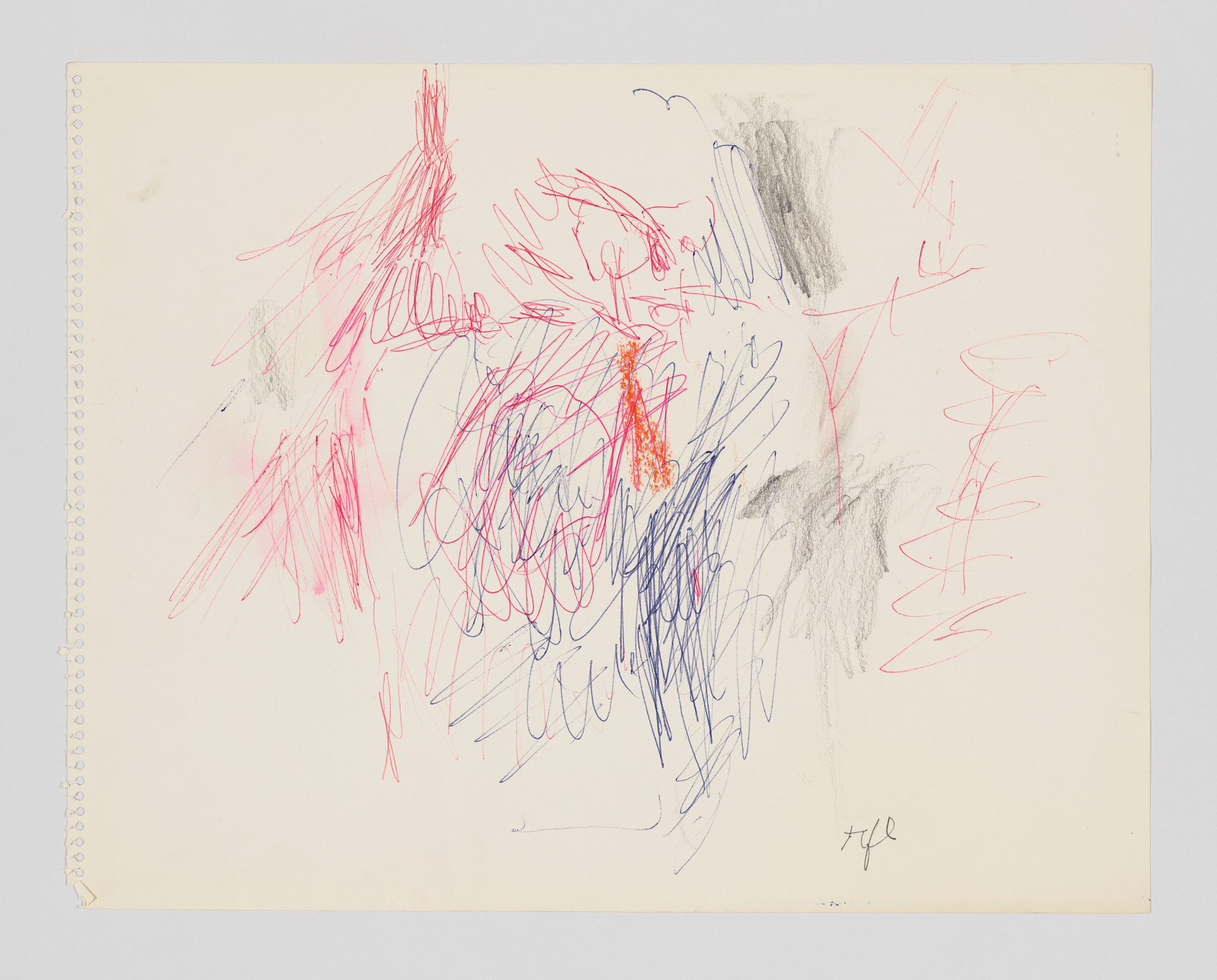 Abstract scribbles in red, blue, and black on an off-white paper with artist's initials in the corner.