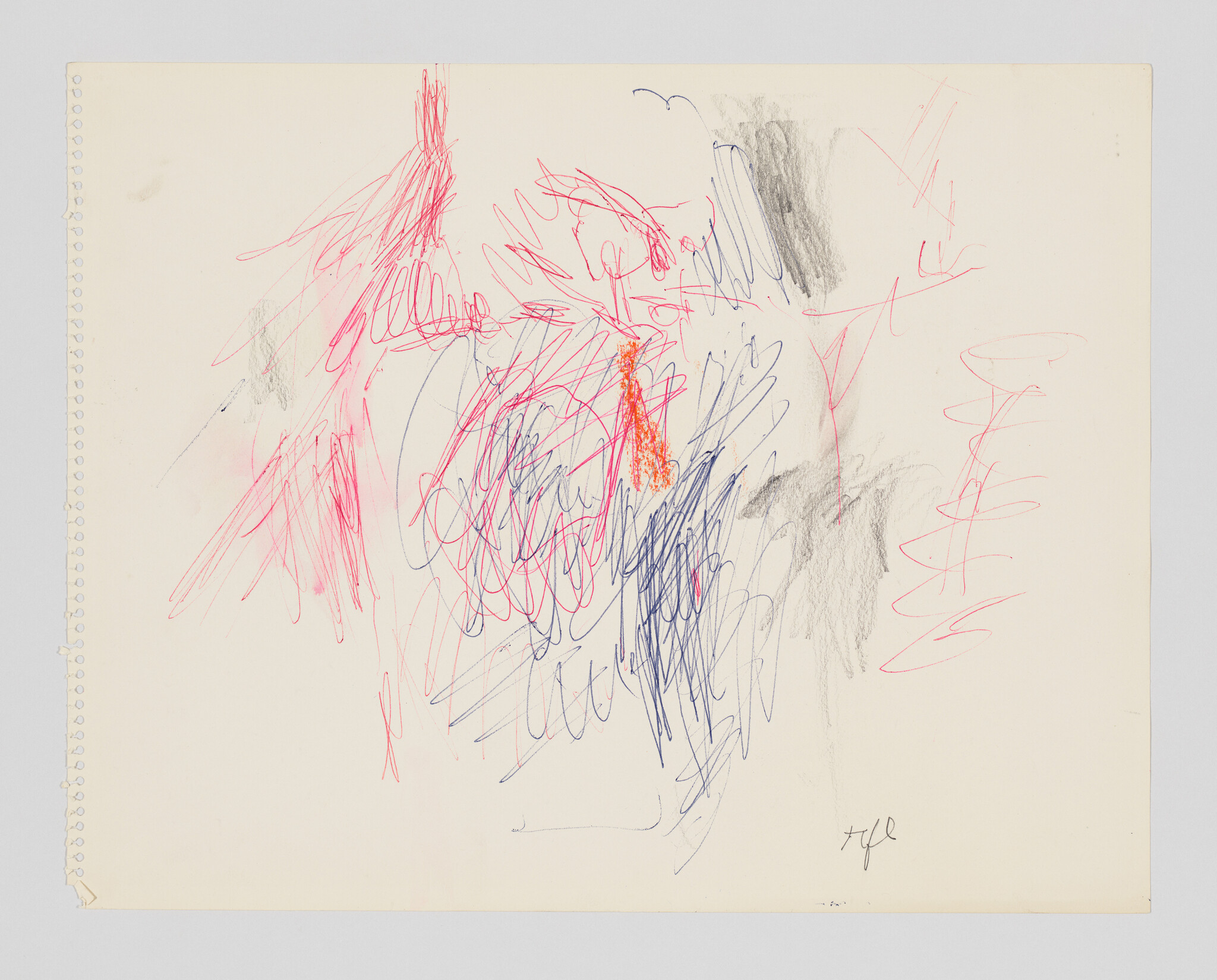 Colorful abstract scribbles in red, blue, and gray on white paper, with a small signature at the bottom.