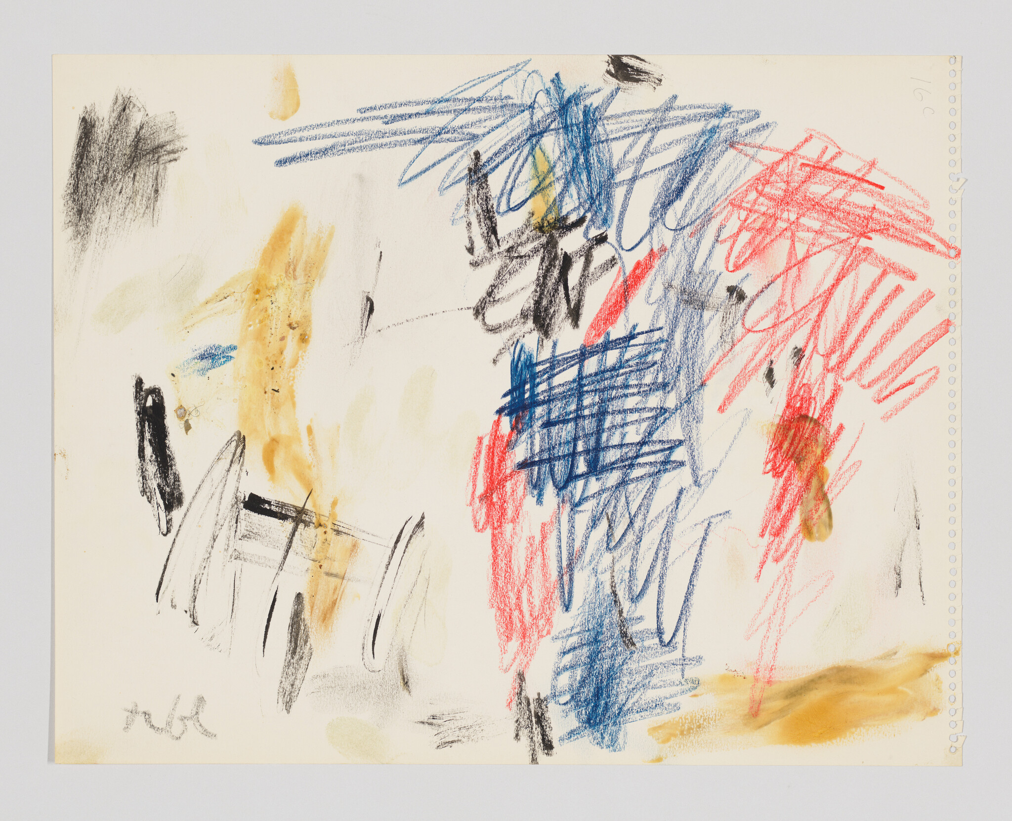 Abstract scribbled drawing with blue and red crayon strokes and yellow smudges on paper.