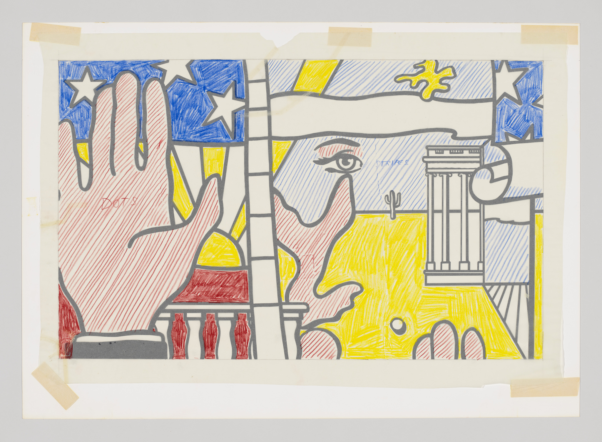 Colorful abstract drawing with a hand, eye, and architectural elements, taped to a surface.