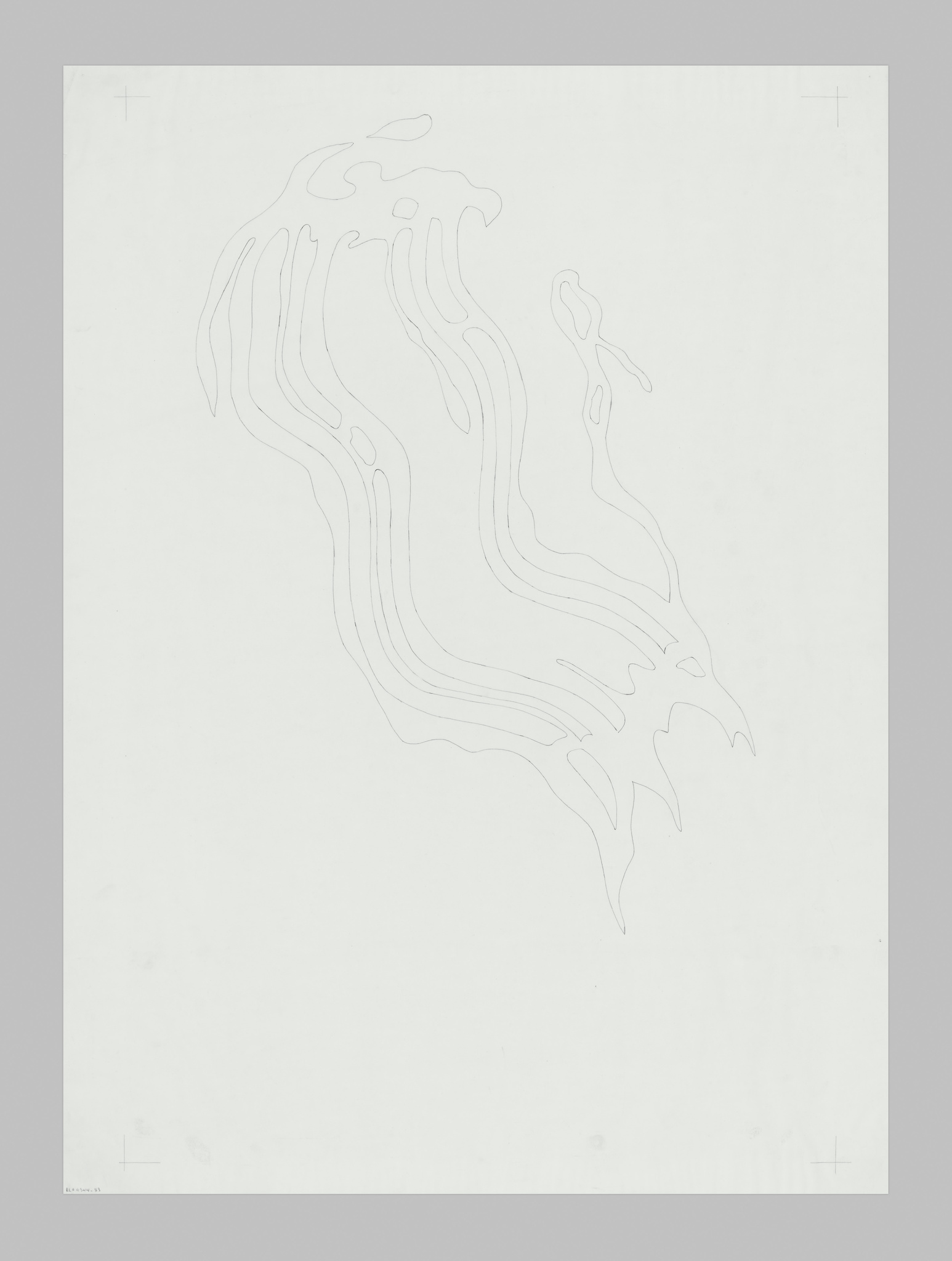 Abstract line drawing on white background, resembling a flame or organic shape, with embossed lines and minimalist design.