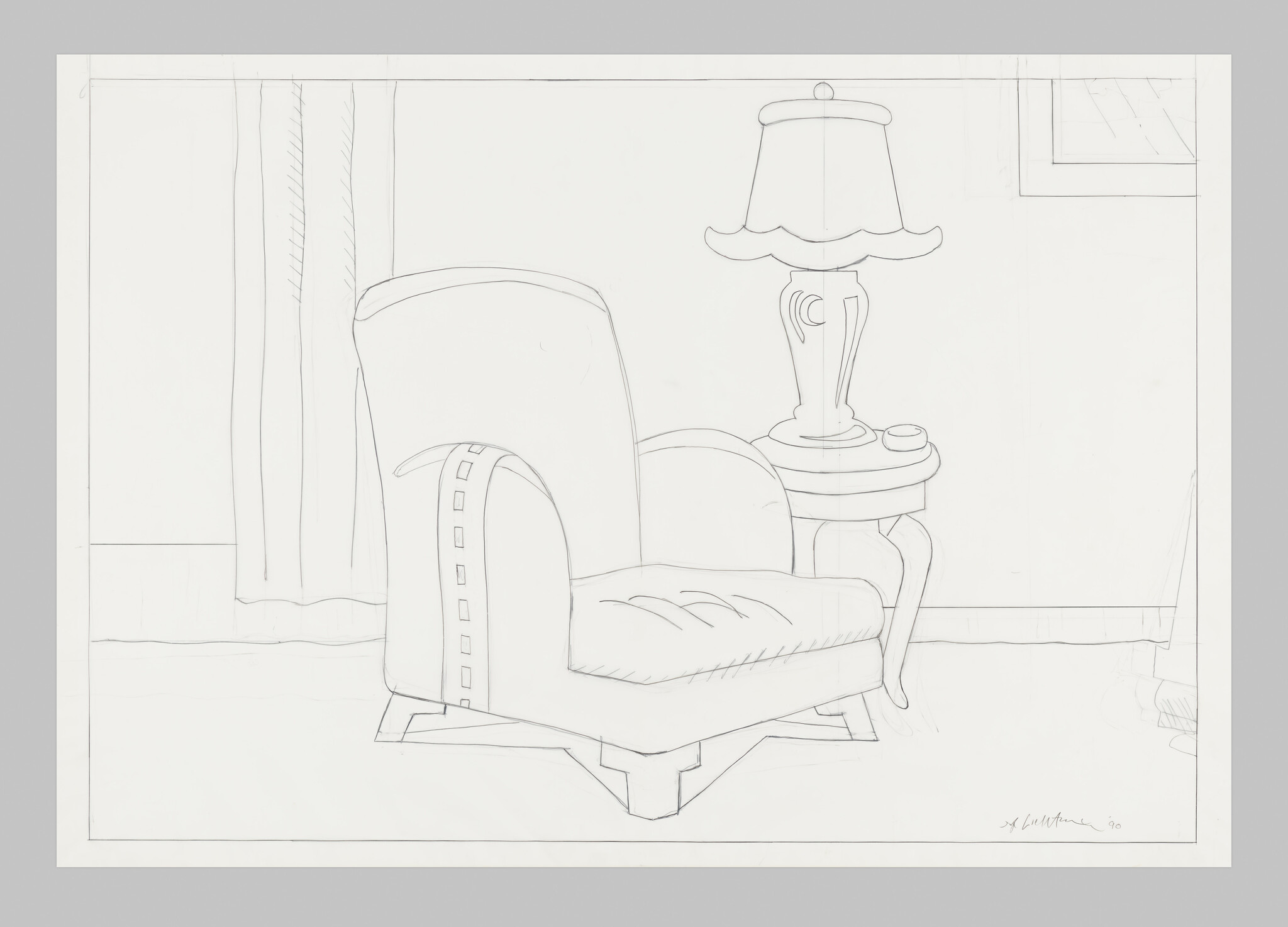 A cushioned armchair sits beside a small round side table with a decorative lamp.