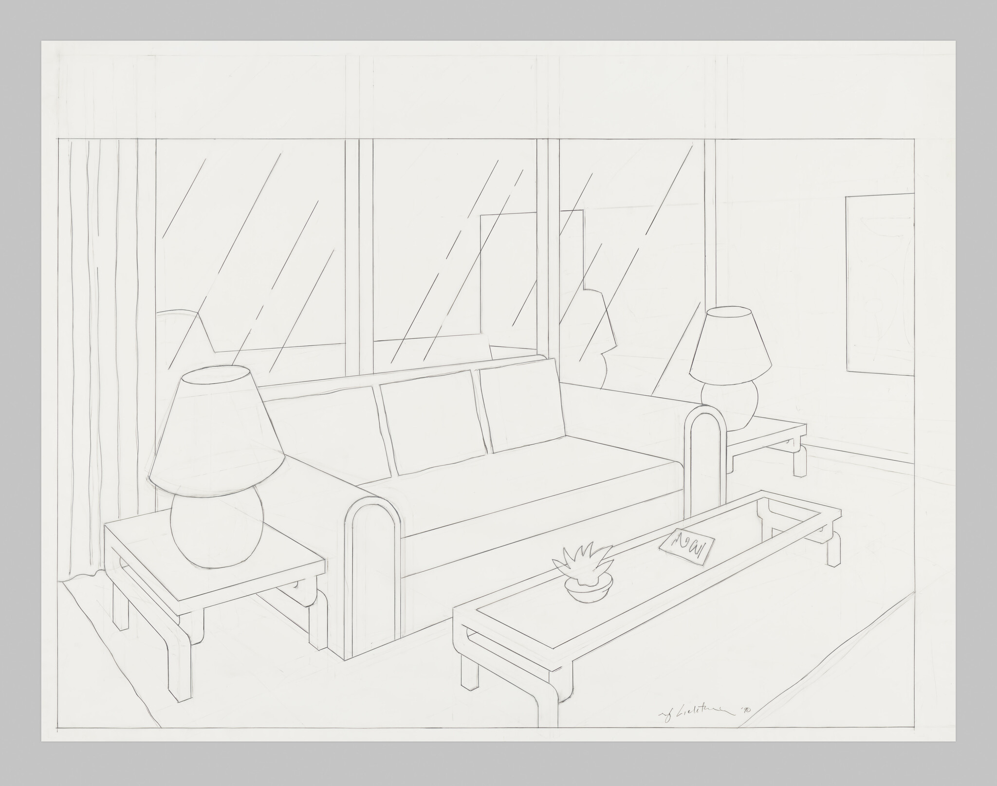 Simple line drawing of a living room with sofa, coffee table, lamps, and large windows.