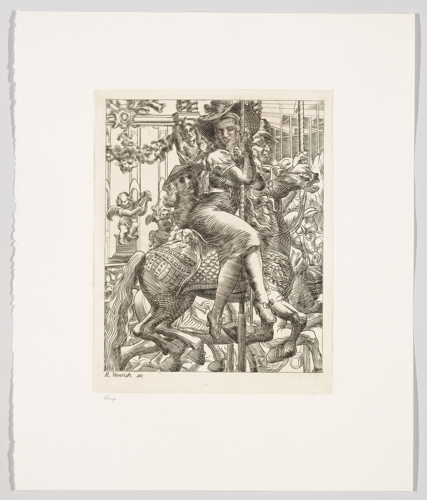 A detailed black and white engraving depicting a chaotic scene with multiple figures, including a central character riding a fantastical creature, surrounded by an array of other characters in a dynamic and crowded composition. The artwork is signed by the artist in the bottom left corner and is mounted on a white background with a torn left edge.