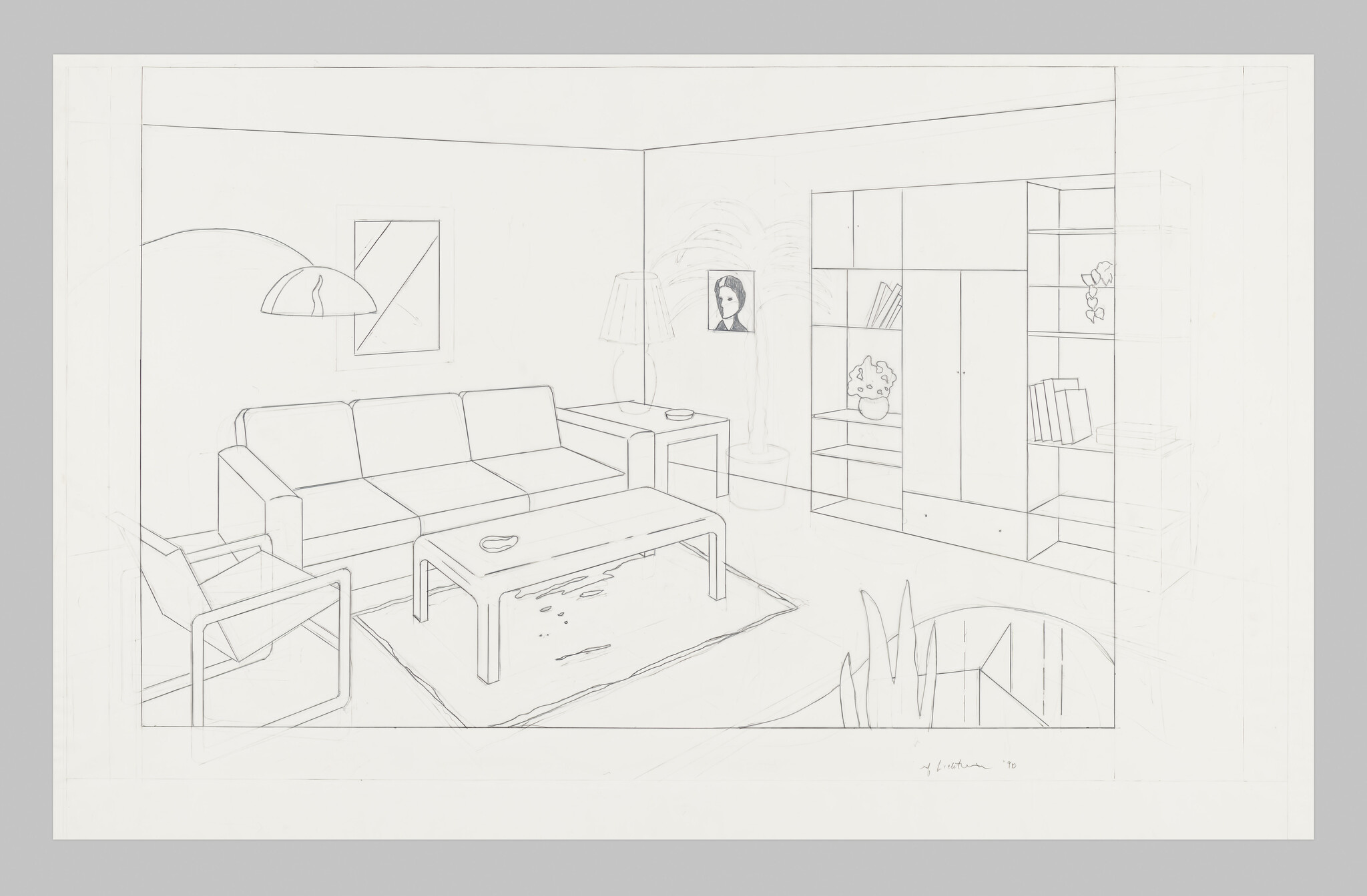 A simple line drawing of a living room with a sofa, coffee table, lamp, and shelving.