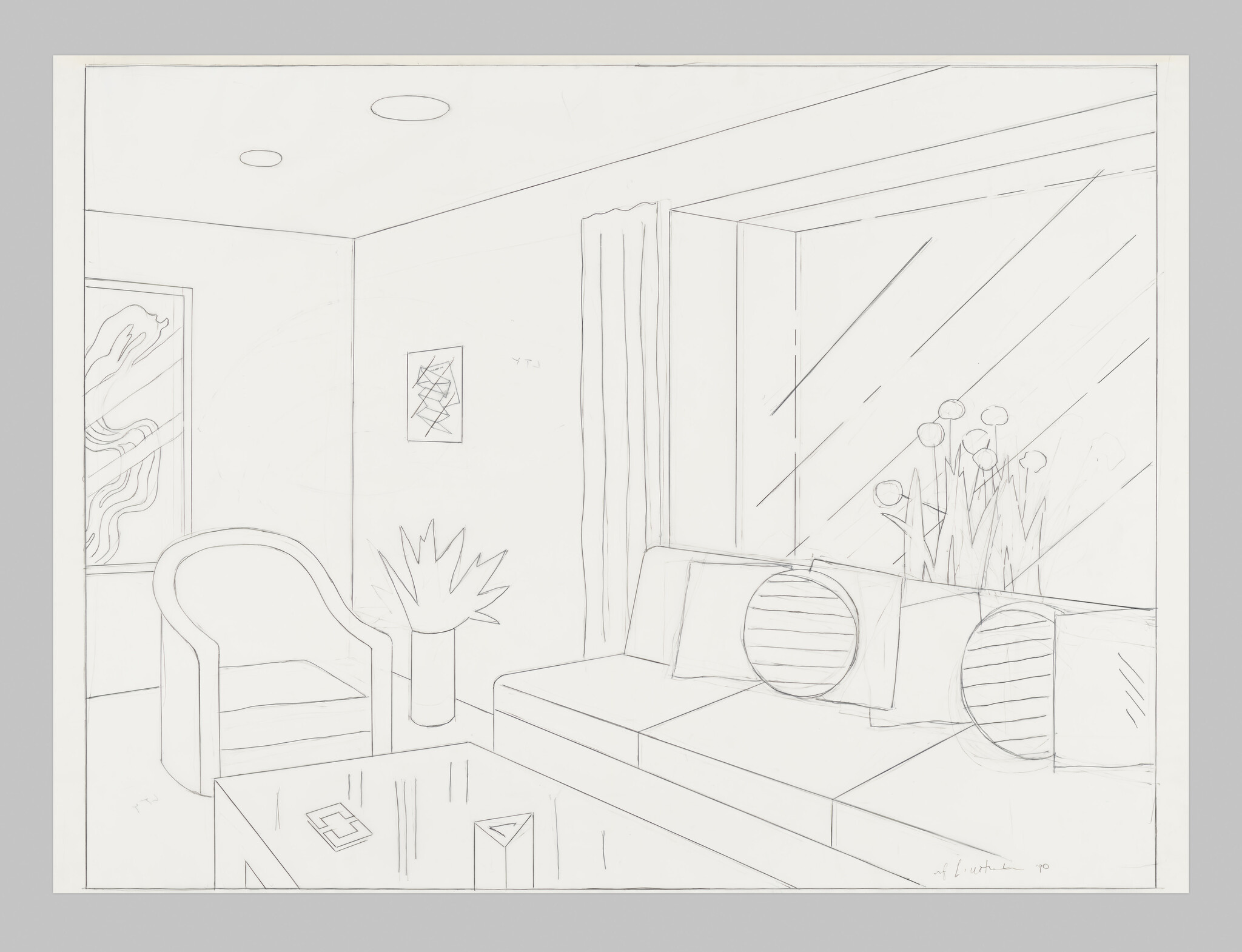 A simple living room sketch showing a sofa with round pillows, armchair, coffee table, and plants.
