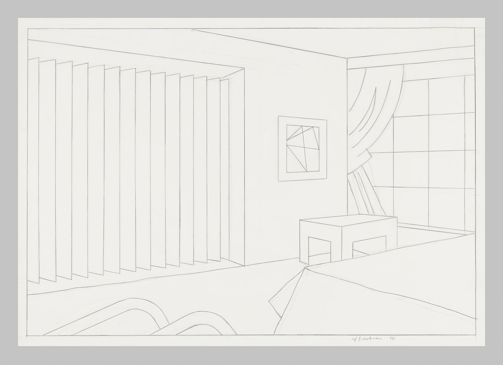 A minimalist room sketch showing vertical blinds, a draped curtain, small table, and bed.