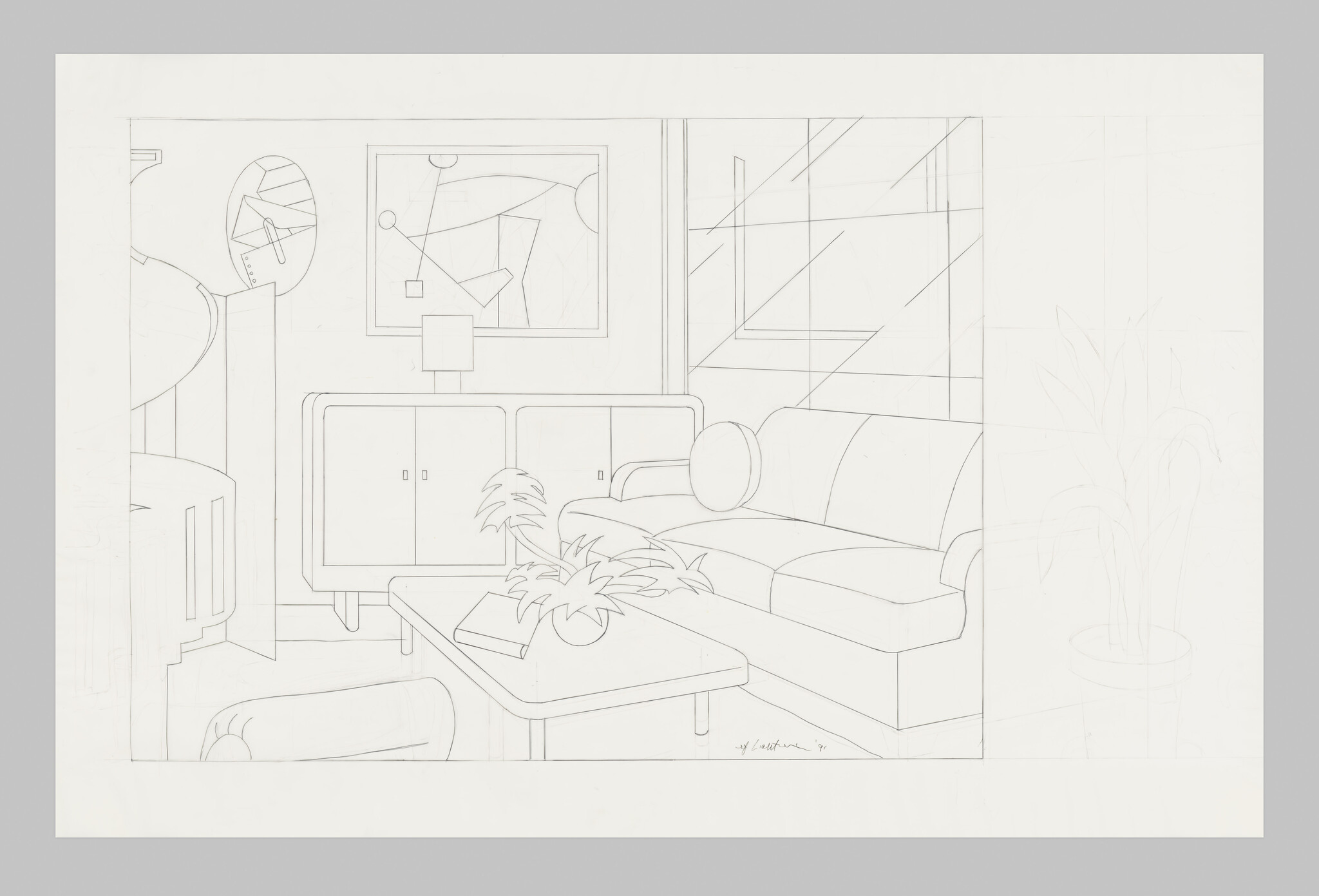 A simple pencil sketch of a living room with sofa, coffee table, potted plant, and wall art.