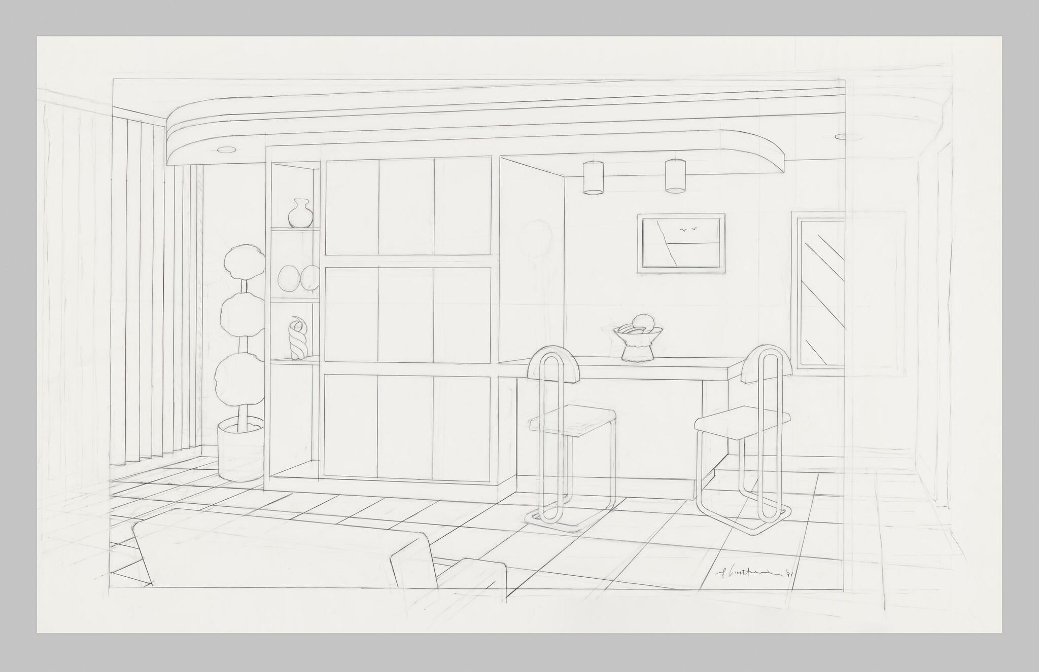 Modern kitchen sketch showing a counter with two stools, shelving, and potted topiary.
