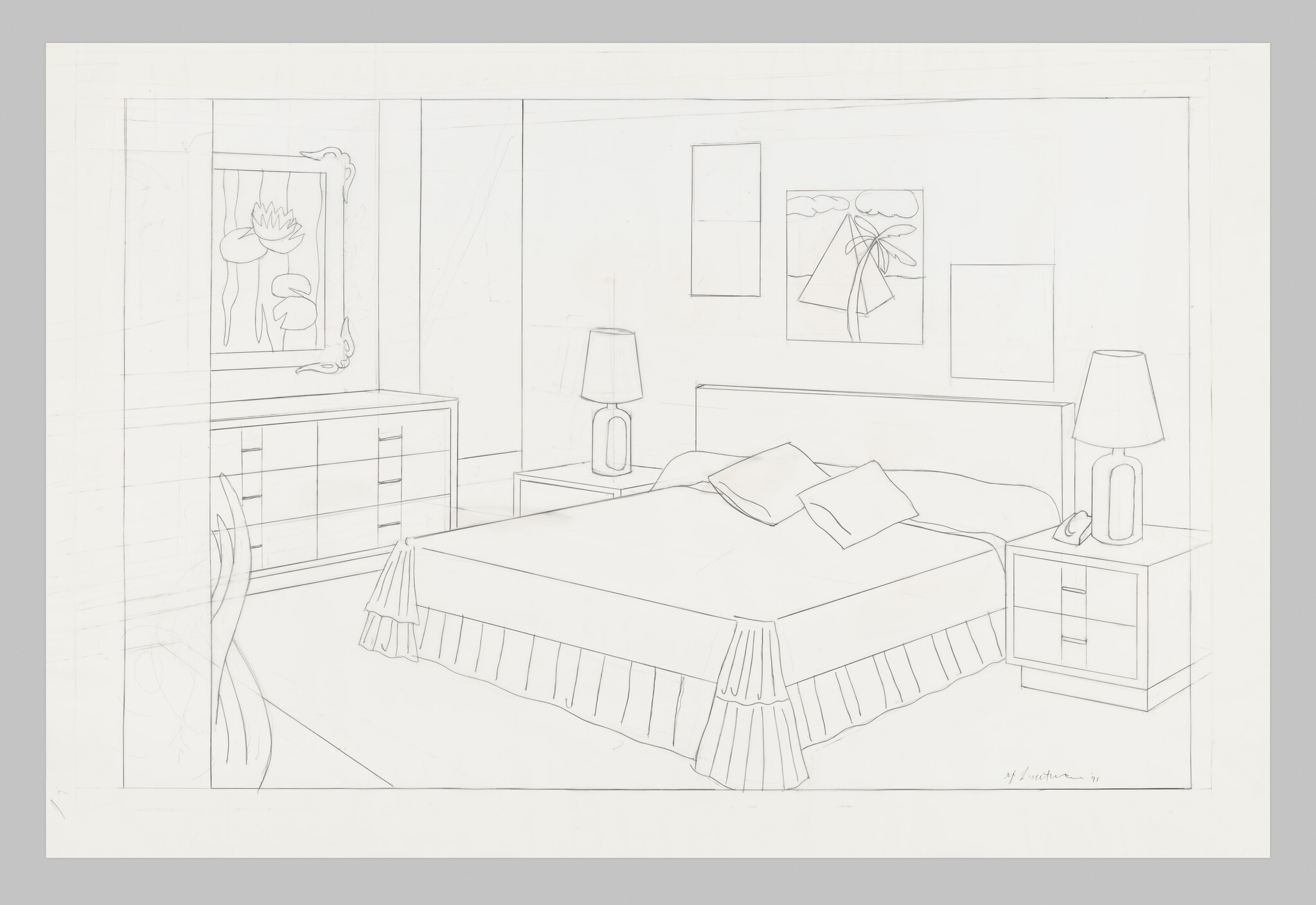 Bedroom sketch with a bed, two lamps on nightstands, and a dresser with framed artwork.