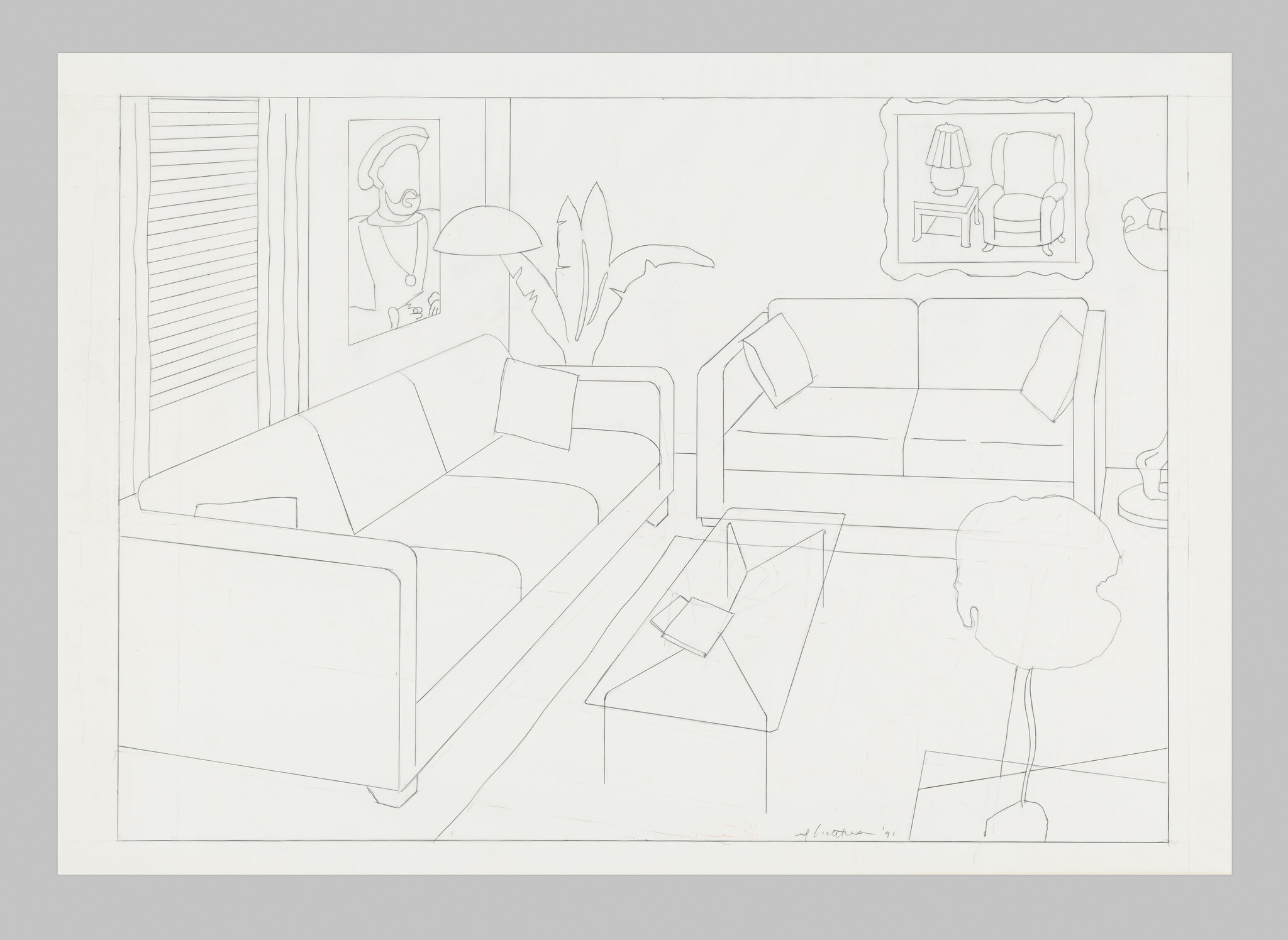 Two sofas with pillows, a glass coffee table, a floor lamp, and framed pictures in a living room.