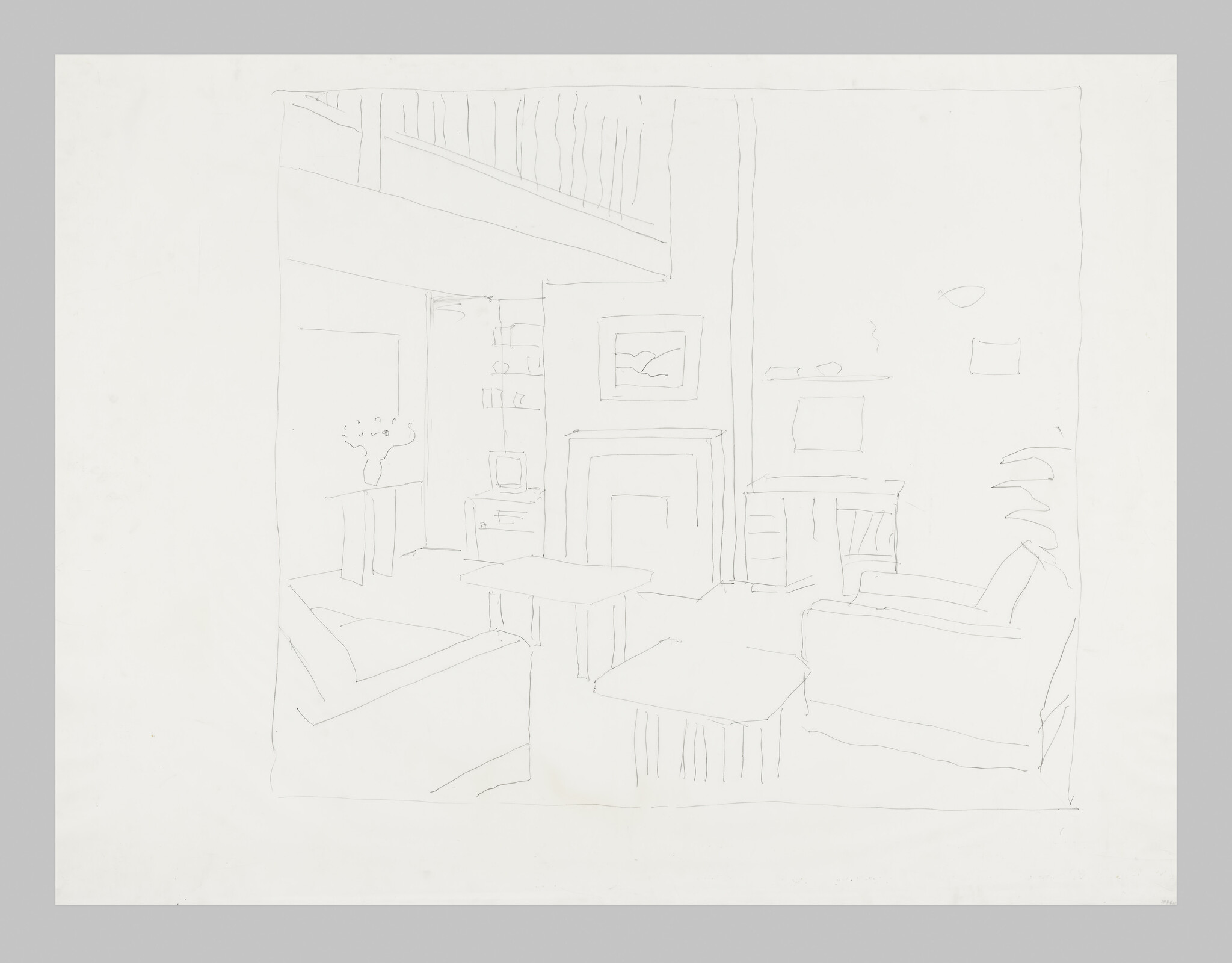 A simple pencil sketch of a living room with two armchairs, coffee tables, and a fireplace.