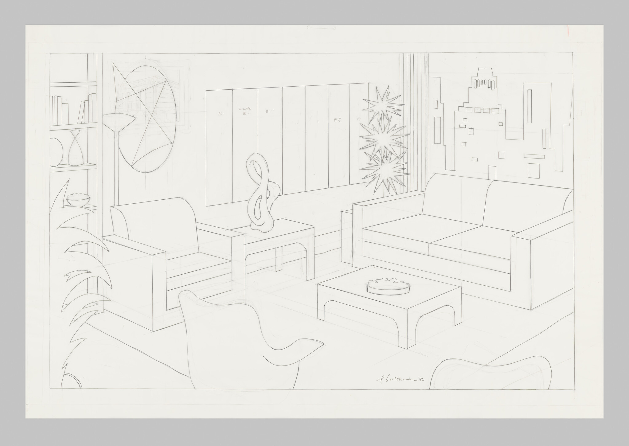 A pencil sketch of a modern living room with sofas, coffee table, and abstract sculpture.