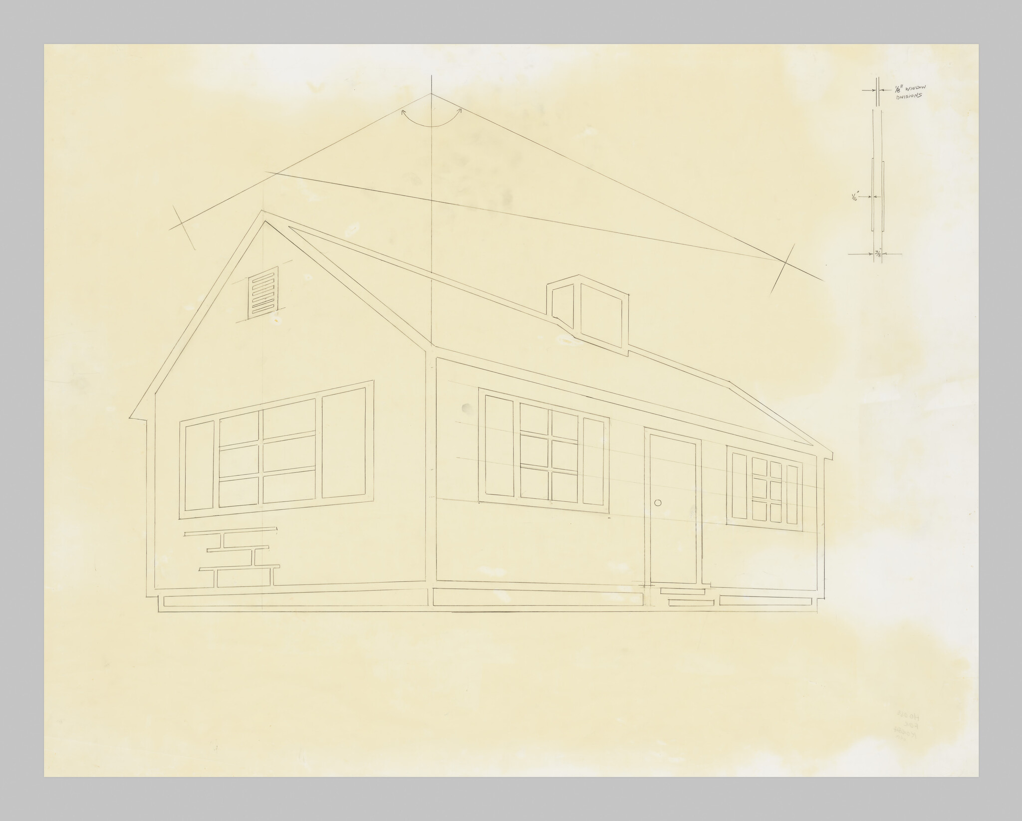 Simple architectural line drawing showing a one-story house in perspective with roof details.