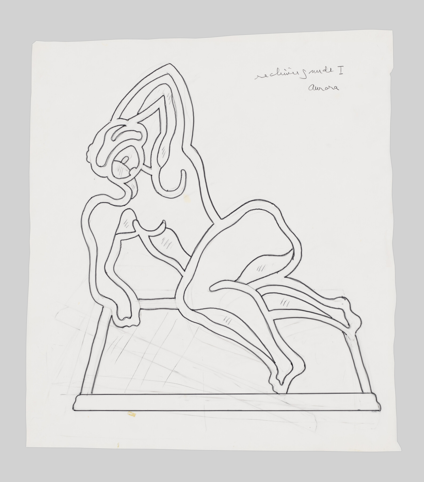 A simple black outline drawing of a reclining abstract figure sitting on a chair.