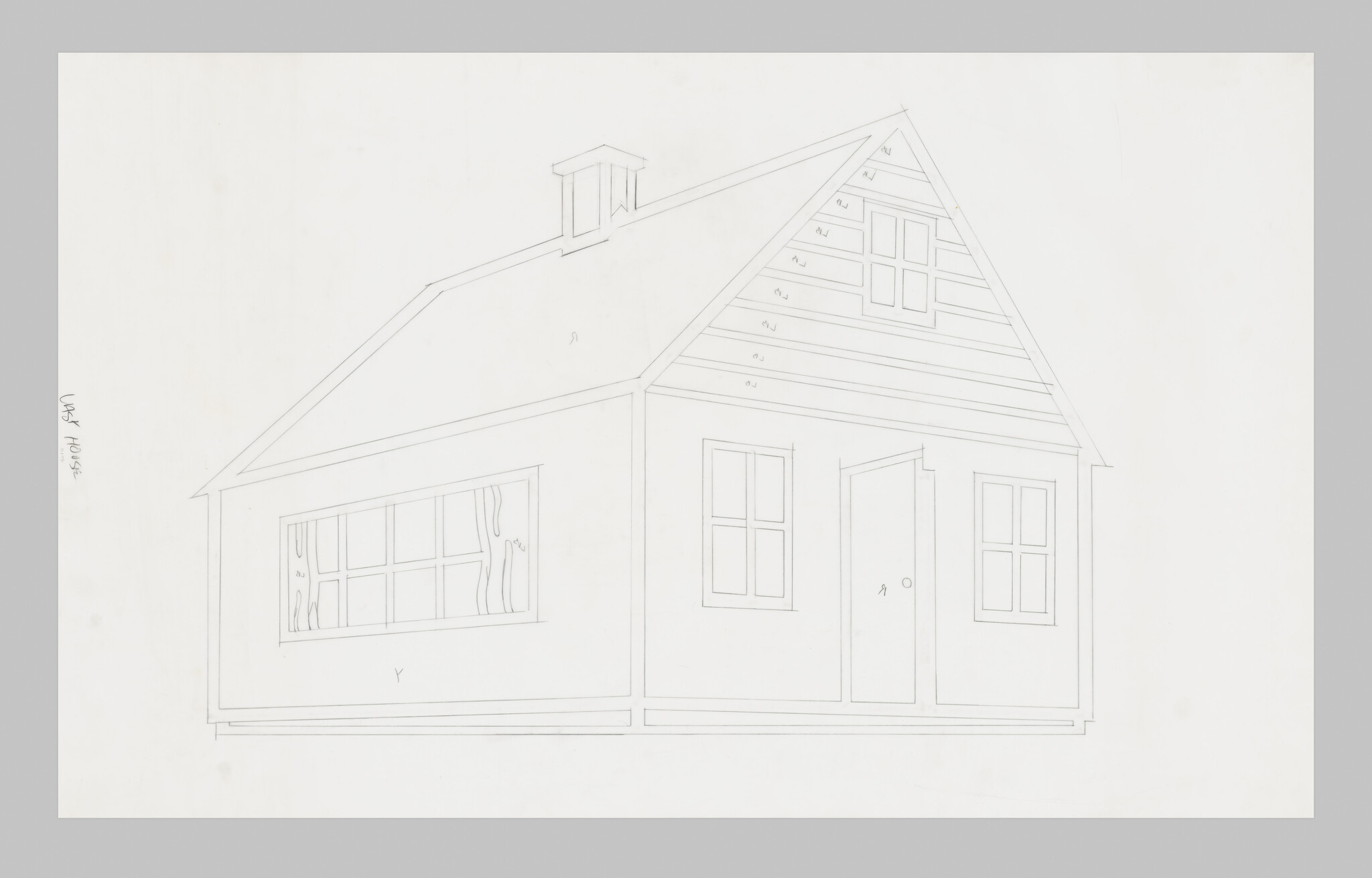 Simple pencil drawing of a house with a door, several windows, and a small chimney on the roof.