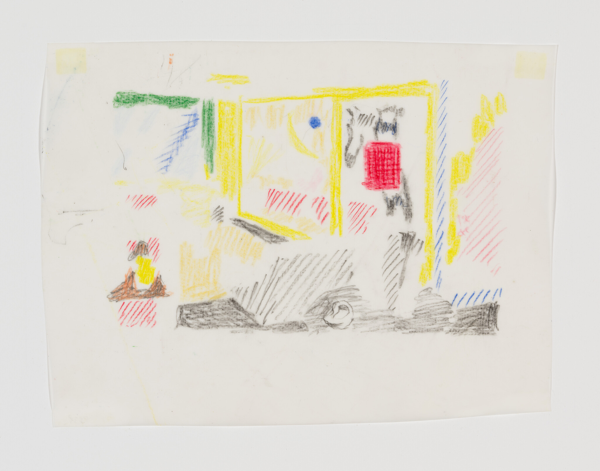Child-like crayon sketch showing a windowed room with colorful shapes and shaded objects.