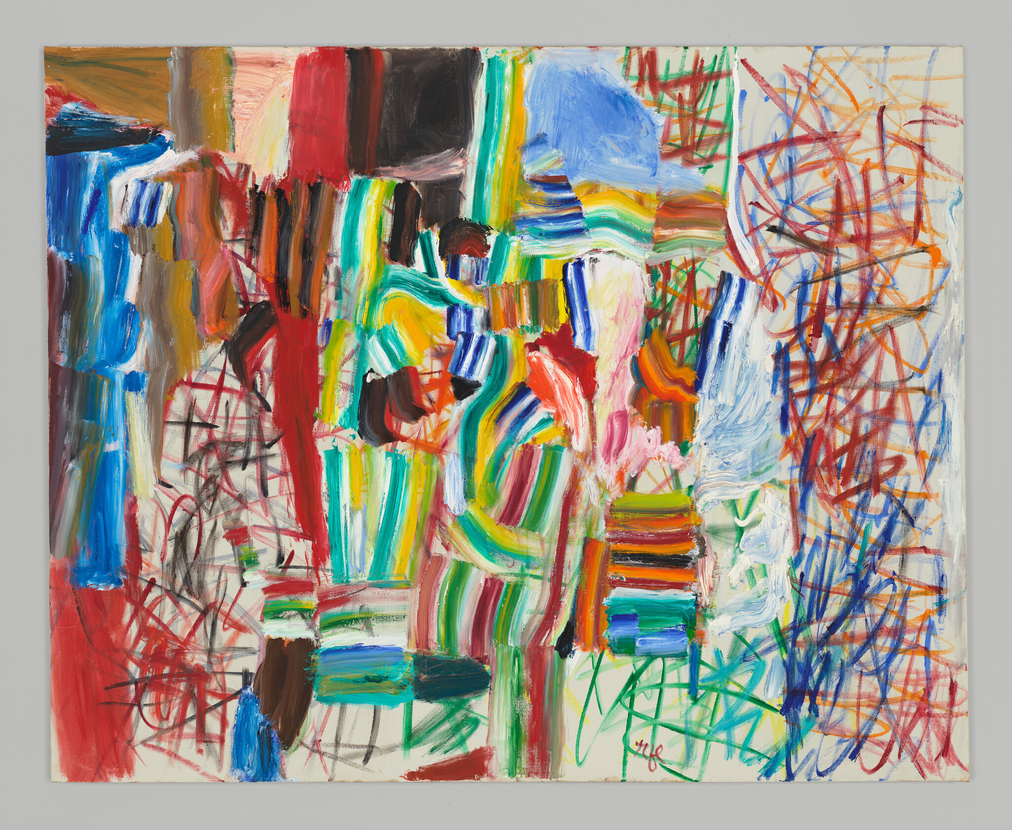 Colorful abstract painting with bold vertical brushstrokes, layered stripes, and energetic scribbles across the canvas.