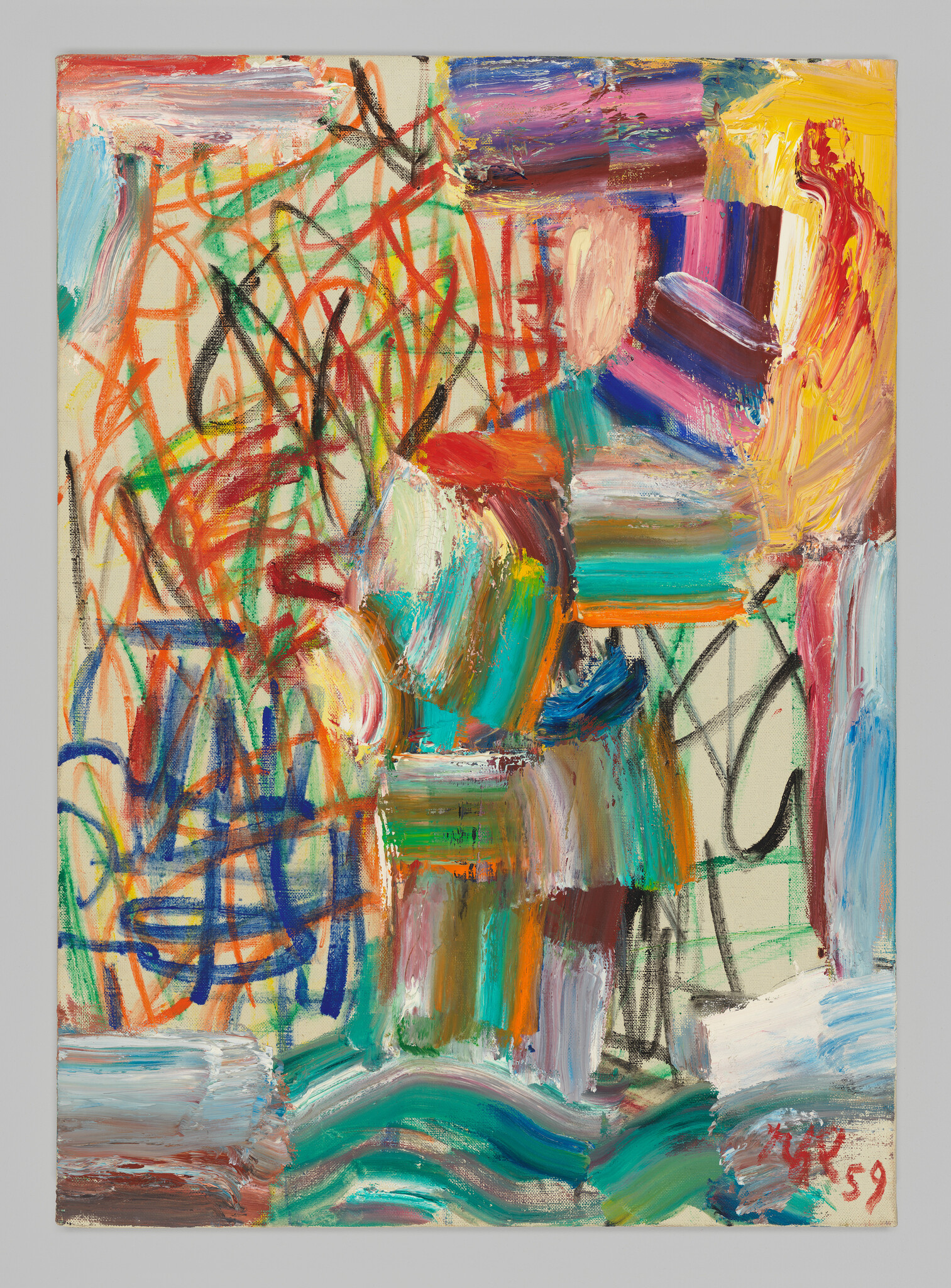 Bright abstract painting with energetic multicolored brushstrokes, scribbled lines, and layered textures.