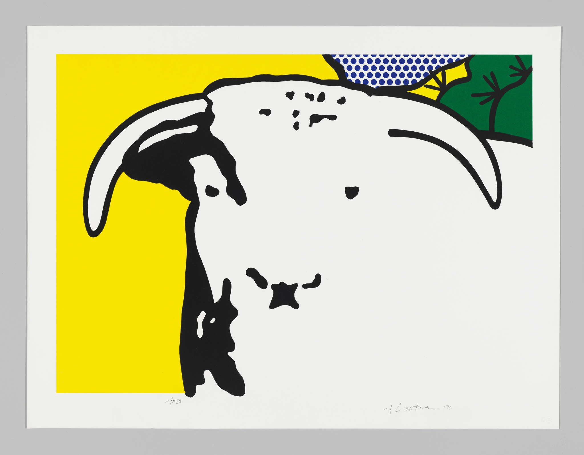 Graphic print of a cow with bold black spots against a yellow background, signed by the artist.