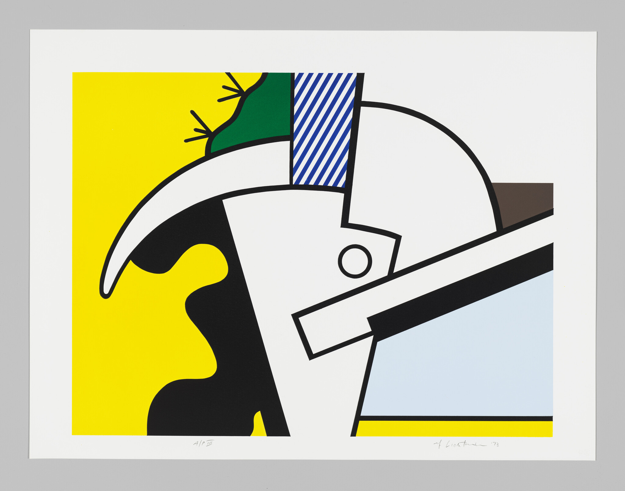 A stylized profile of a person wearing a helmet with bold yellow, black, and blue shapes.