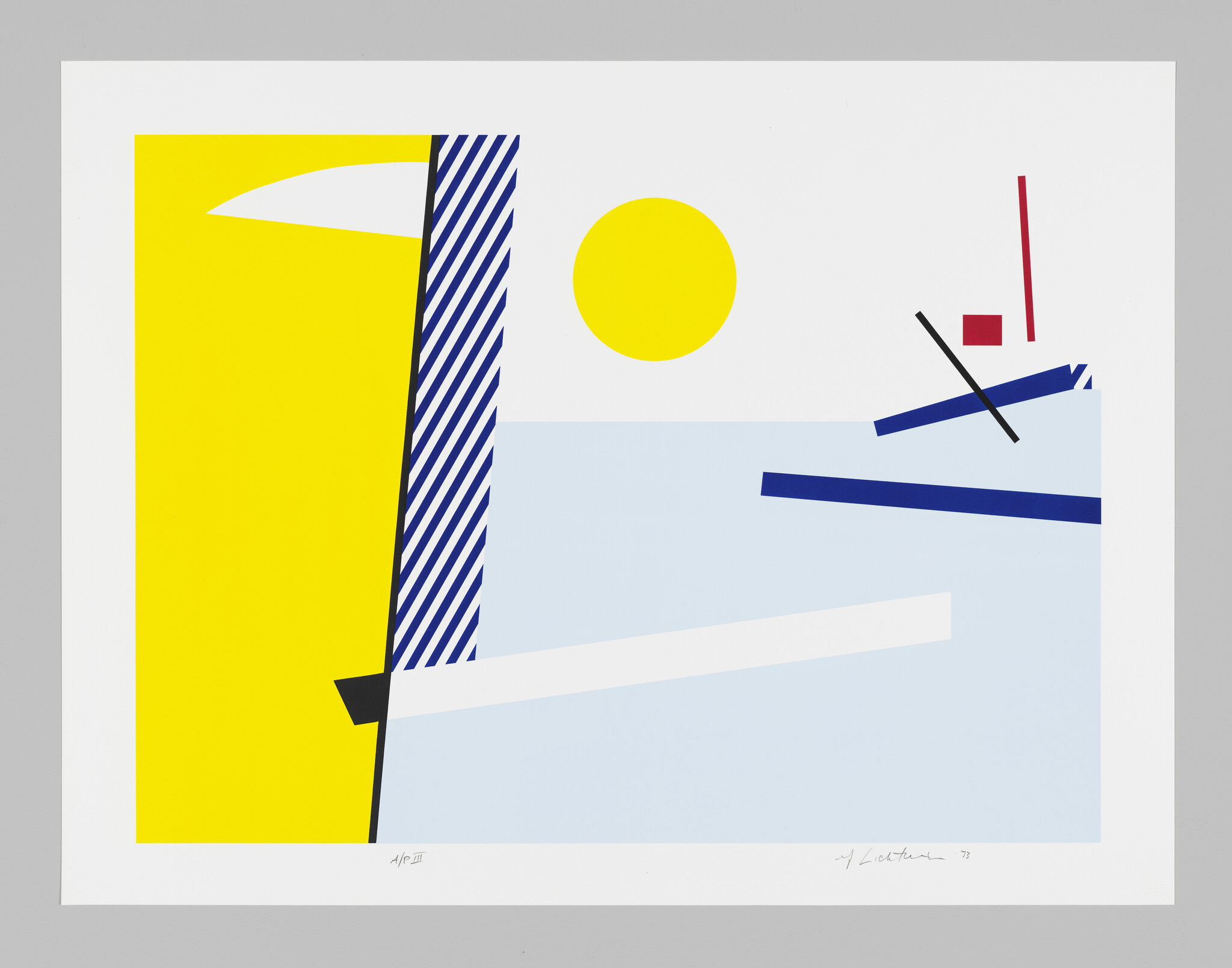 Bright geometric shapes including a yellow sun, striped column, and blue water-like field.