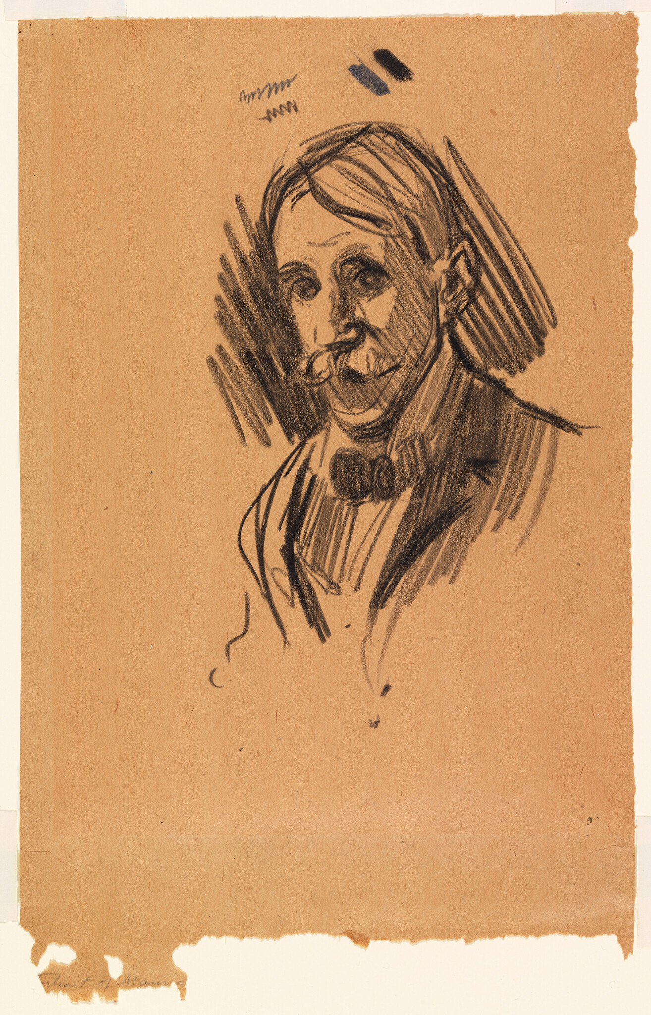 Charcoal sketch of an older man with a mustache and bow tie on brown paper.