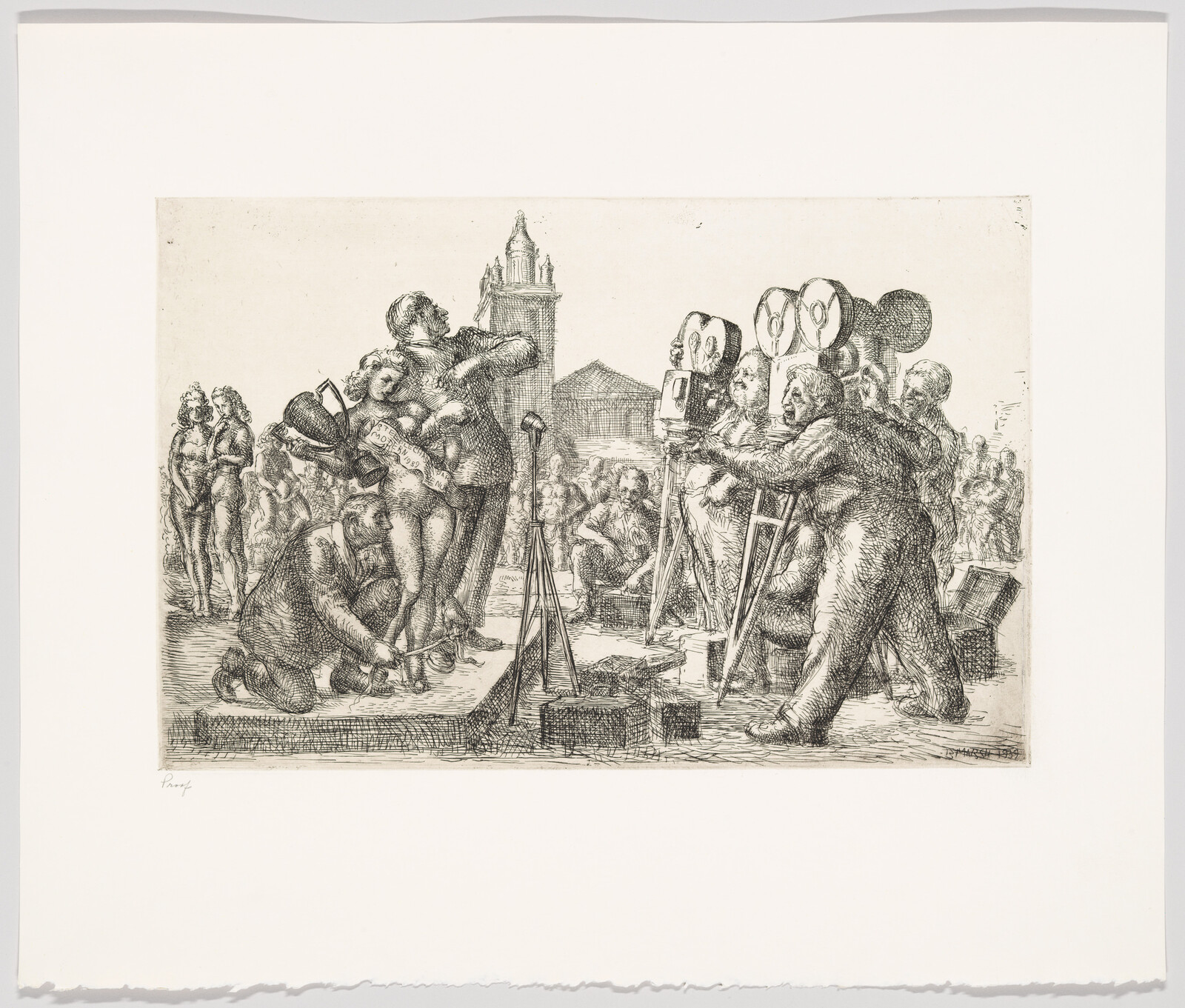 A black and white etching depicting a chaotic scene with anthropomorphic figures, some with cameras for heads, engaging in various activities such as filming and posing. The setting appears to be a public square with classical architecture in the background. The artwork has a satirical and surreal quality.