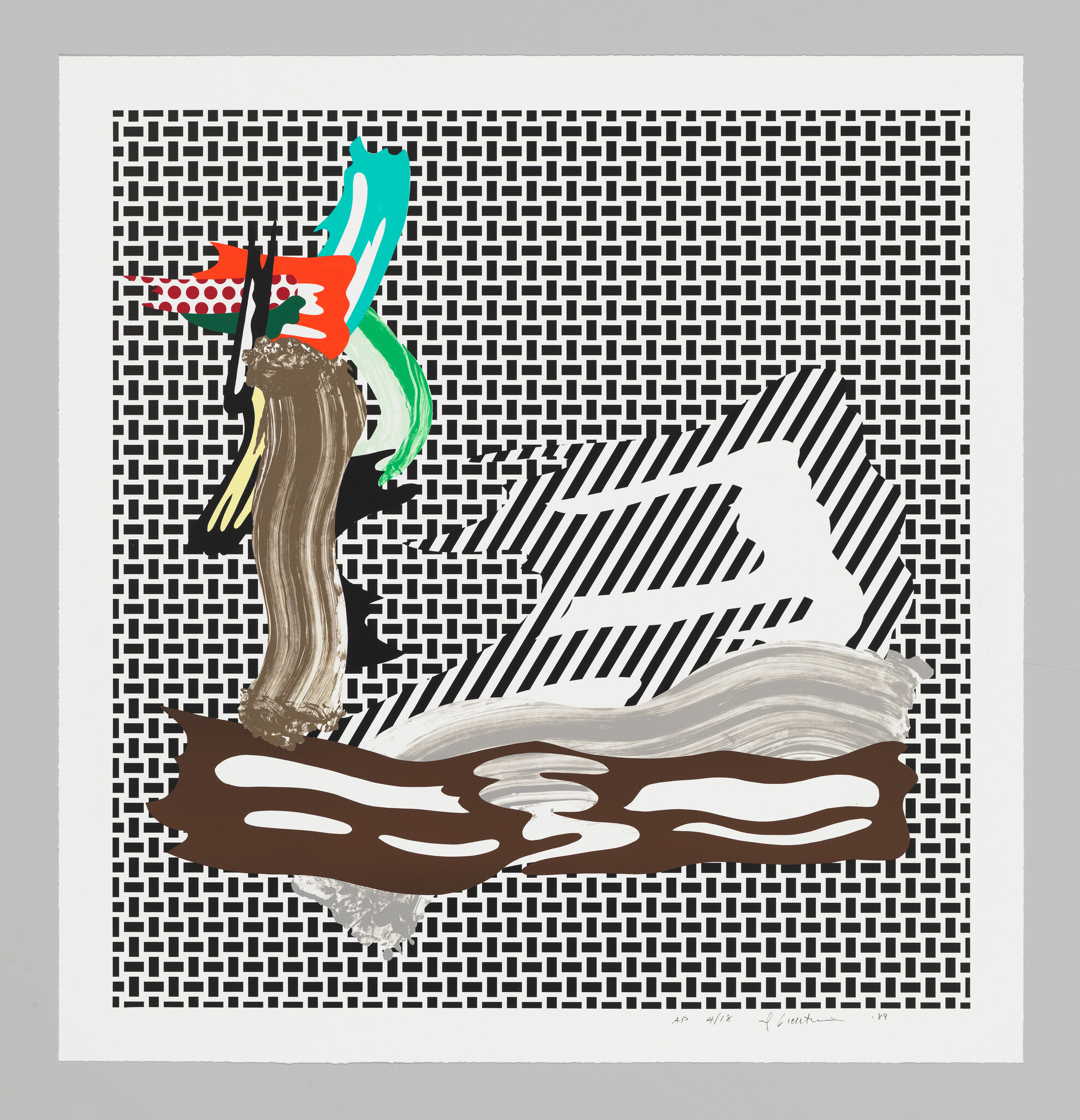 Abstract print with black-and-white grid background and colorful brushstroke shapes across the center.