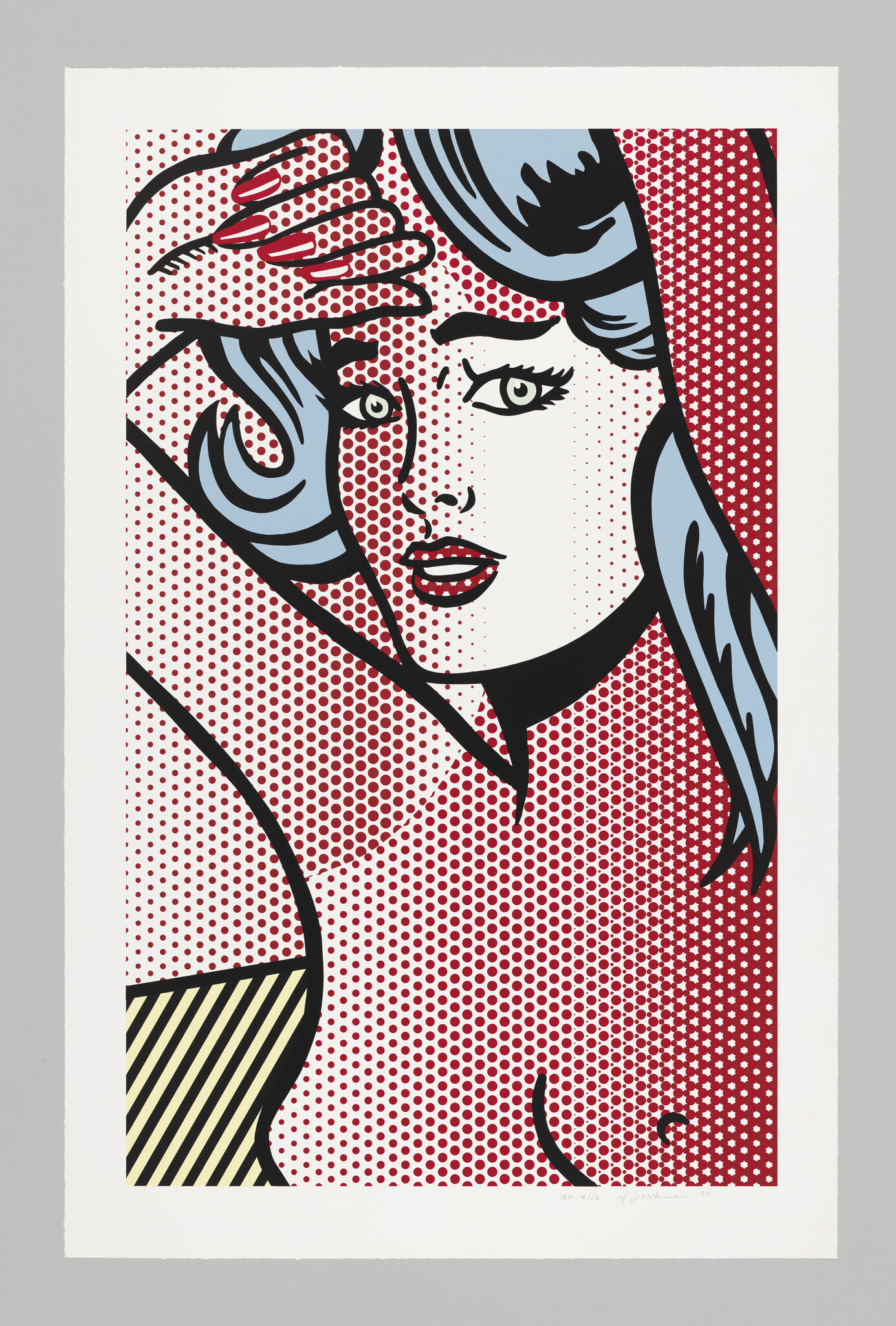 A pop-art woman with blue hair shielding her eyes with a hand against a dotted red background.