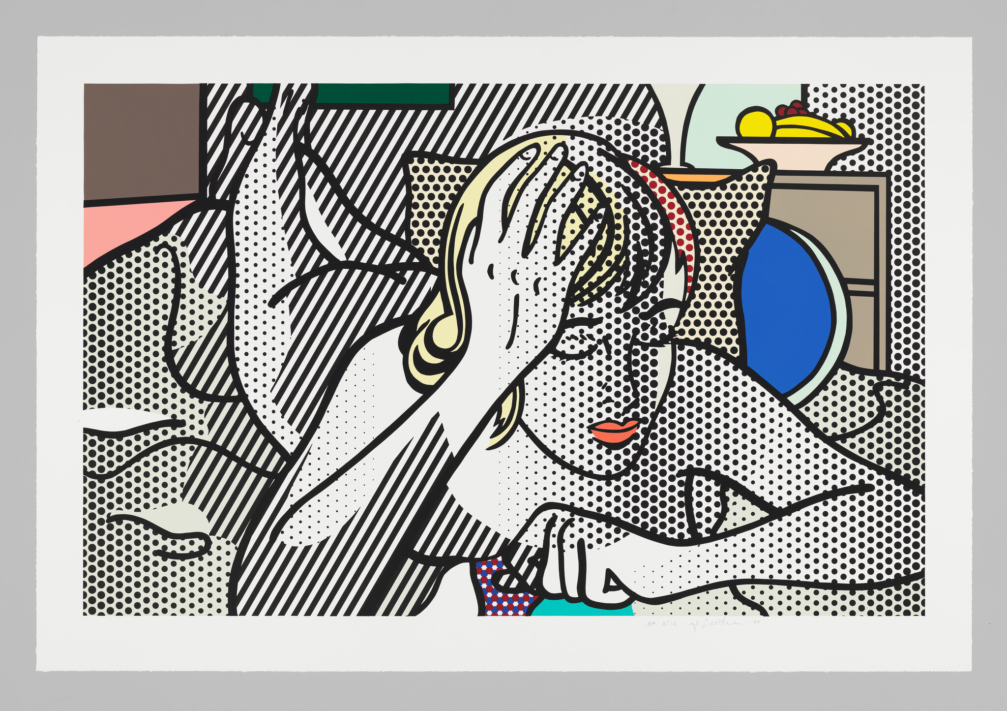 A pop-art woman lies on a bed holding her head with one hand, looking down.