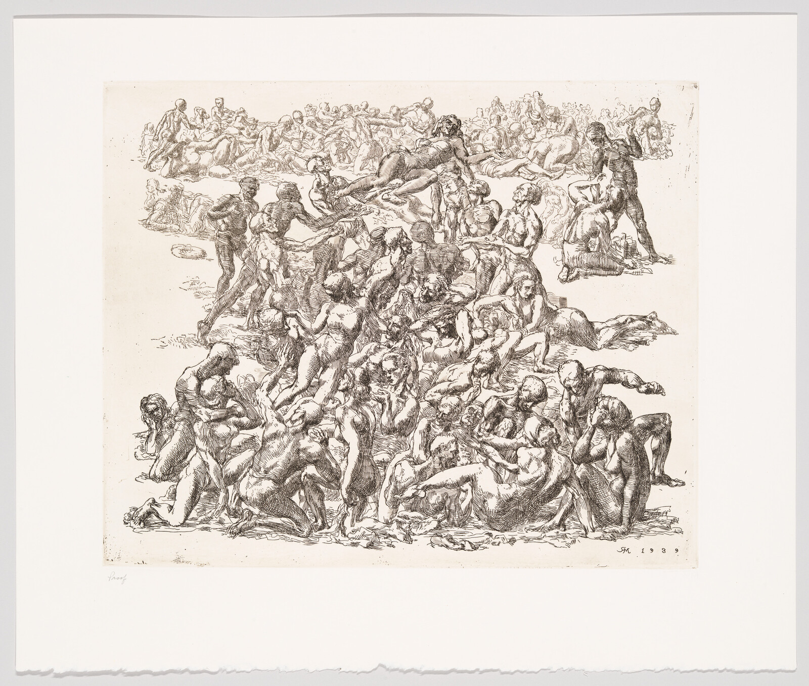A detailed black and white etching depicting a chaotic scene with numerous figures engaged in what appears to be a struggle or battle. The figures are densely packed and show a variety of dynamic poses and expressions, suggesting intense movement and emotion. The artwork is signed and dated in the bottom right corner, and there is a margin around the image where the paper is unmarked.