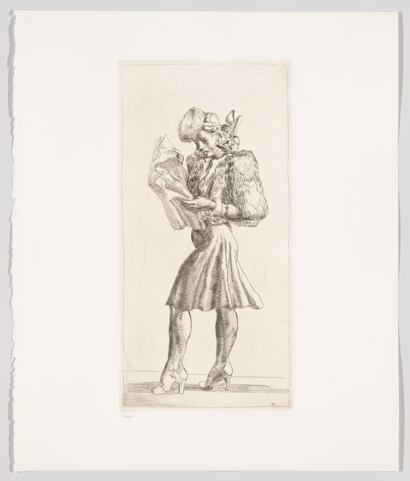 An etching of an anthropomorphic rabbit standing upright, dressed in women's clothing from around the 18th century, complete with a dress, fur stole, and heeled shoes. The rabbit is reading a sheet of paper and appears to be in a thoughtful pose. The artwork is detailed, showcasing textures and shading, and is centered on a white background with a torn left edge.