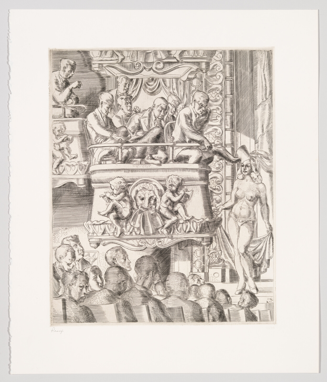 Detailed black and white etching depicting a theatrical scene with a group of well-dressed men in a balcony box, one of whom is reaching out towards a nude female figure standing on the stage. The audience below is shown in silhouette, and the stage is adorned with ornate drapery and classical statues. The artwork is signed by the artist.