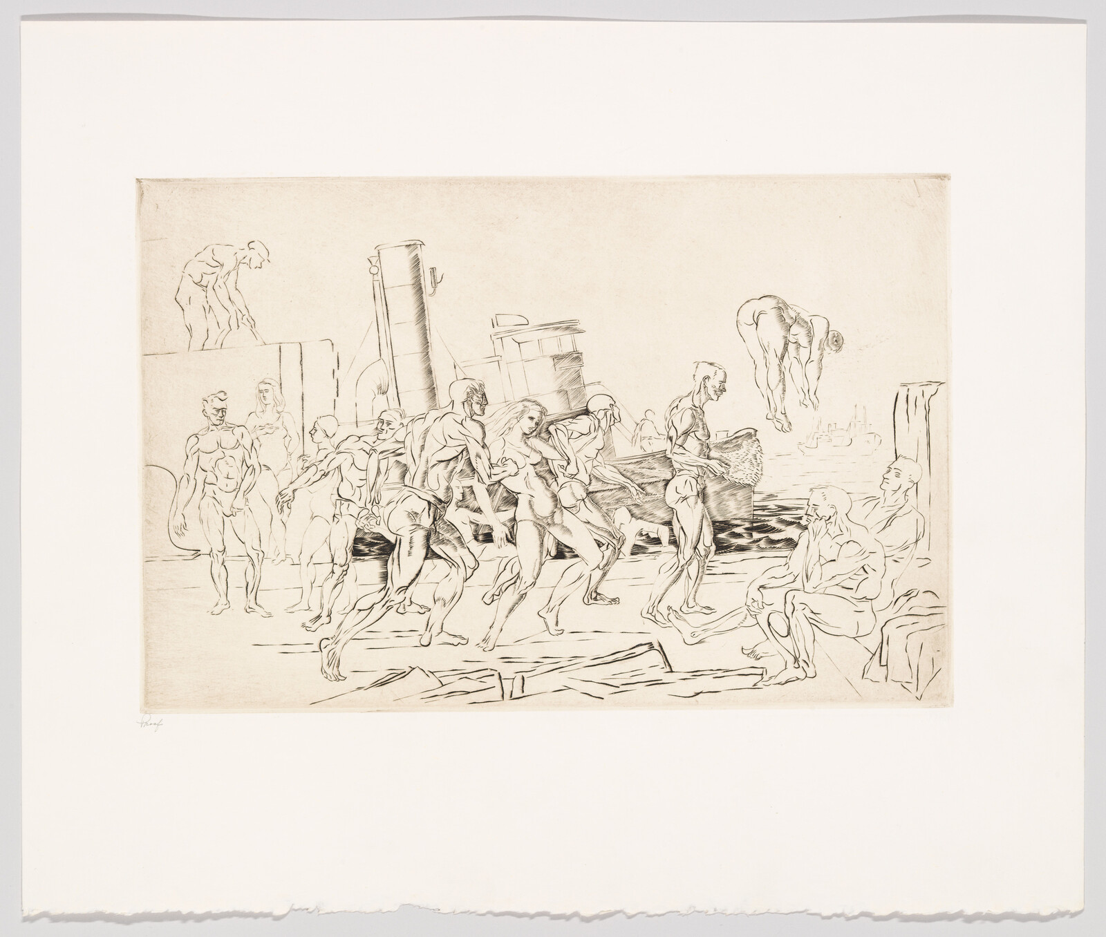 A black and white etching depicting a dynamic scene with multiple figures that appear to be from classical mythology or an allegorical setting. The figures, both male and female, are shown in various poses, some in motion and others at rest. In the background, there are classical architectural elements and a boat on water. The artwork has a rough, sketch-like quality, and the paper has a torn edge on the bottom, suggesting it may be part of a larger series or a work in progress.