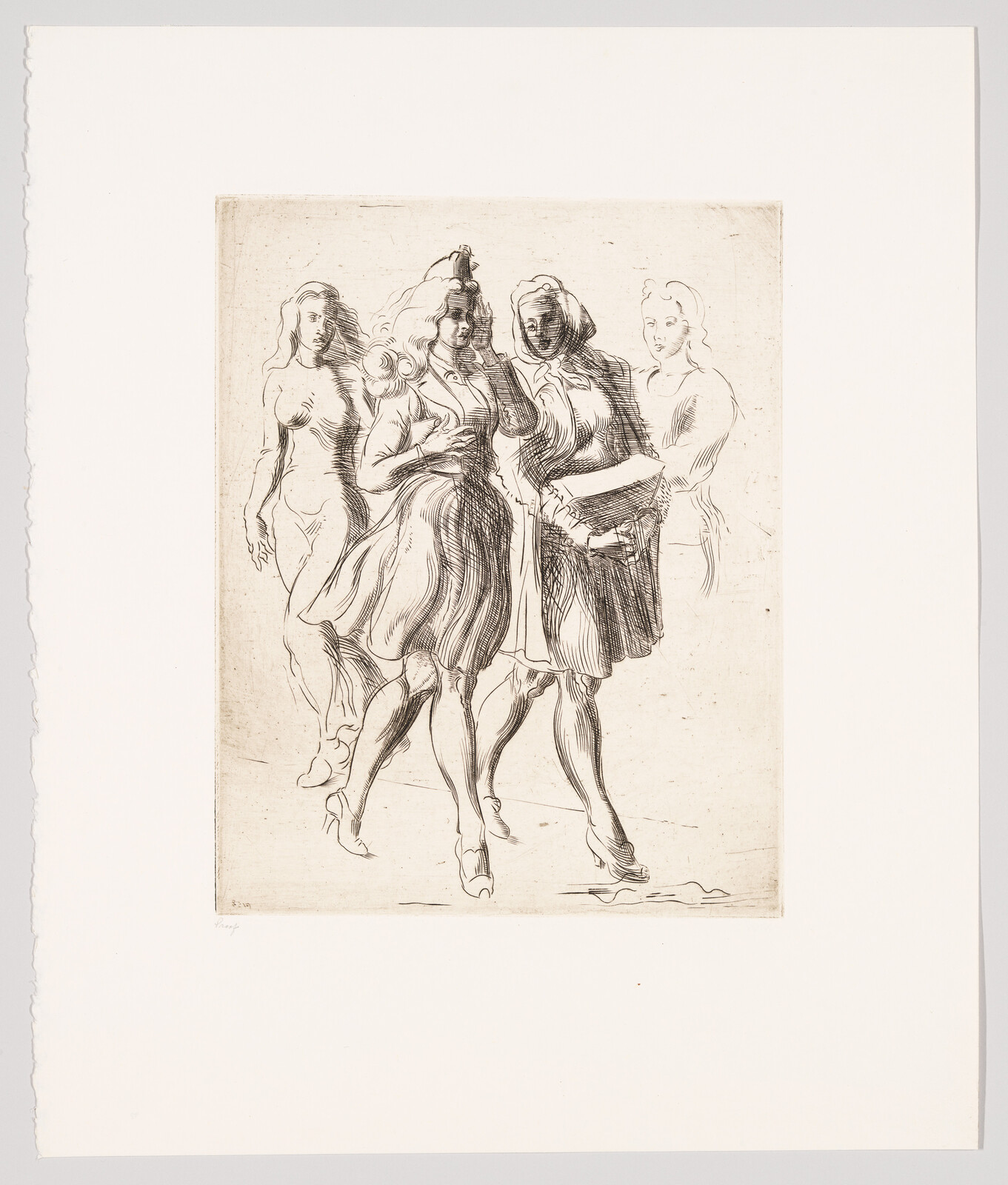 An etching depicting four female figures in various stages of completion, with the two central figures more detailed and the outer figures appearing as sketches. The figures are dressed in flowing garments, and the style suggests a classical or mythological theme. The artwork is centered on a piece of paper with rough edges, and there is a signature at the bottom left corner.